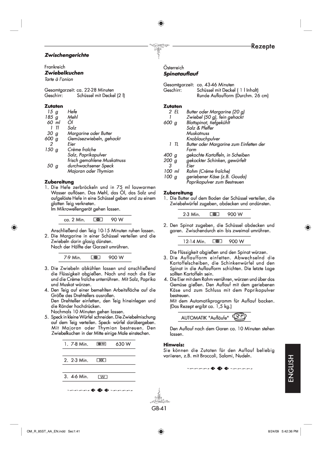 Sharp R-85ST-AA operation manual Rezepte, English, Zwischengerichte, Zwiebelkuchen, Spinatauflauf, Zutaten 