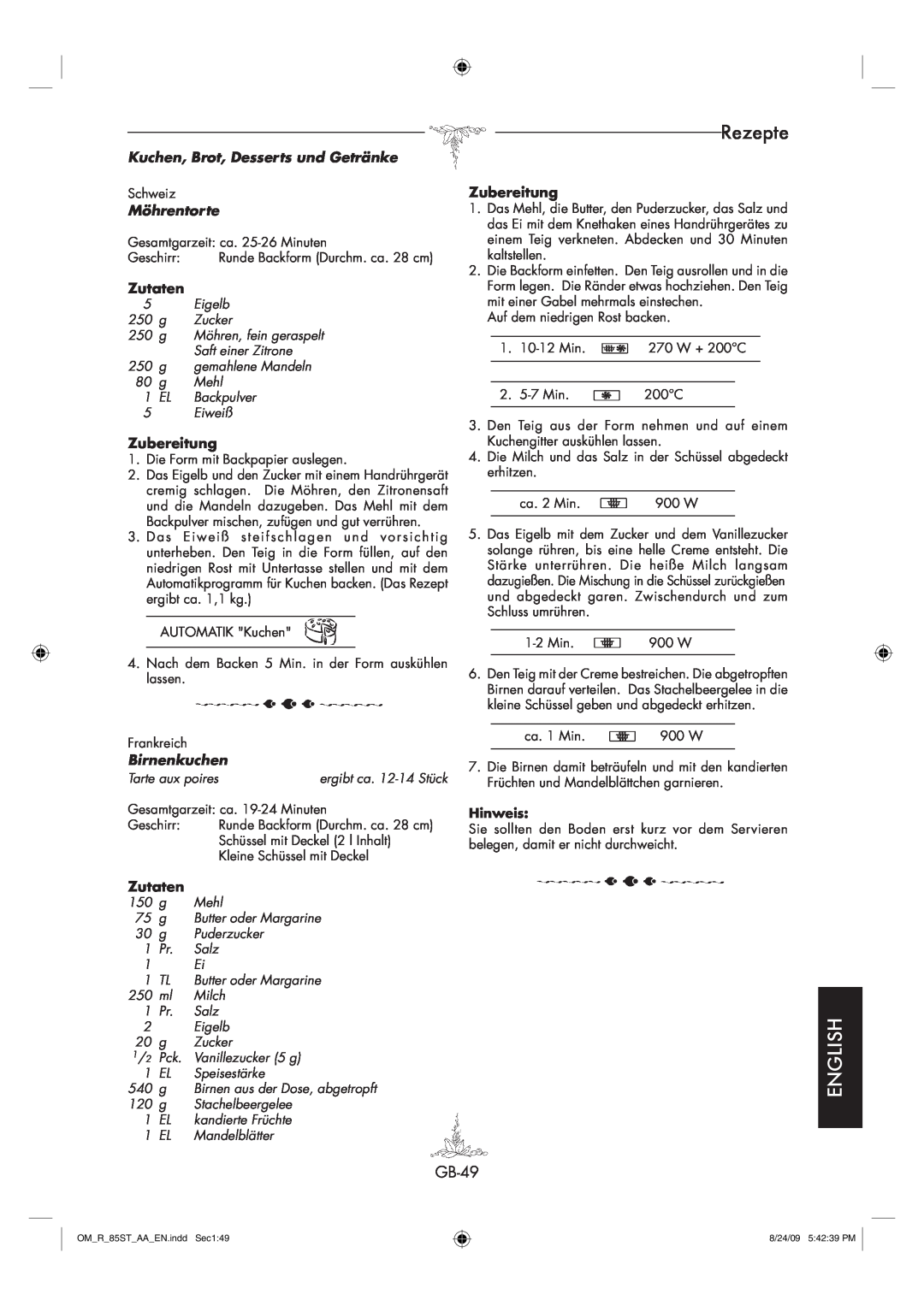 Sharp R-85ST-AA operation manual Rezepte, English, Kuchen, Brot, Desserts und Getränke, Möhrentorte, Birnenkuchen 