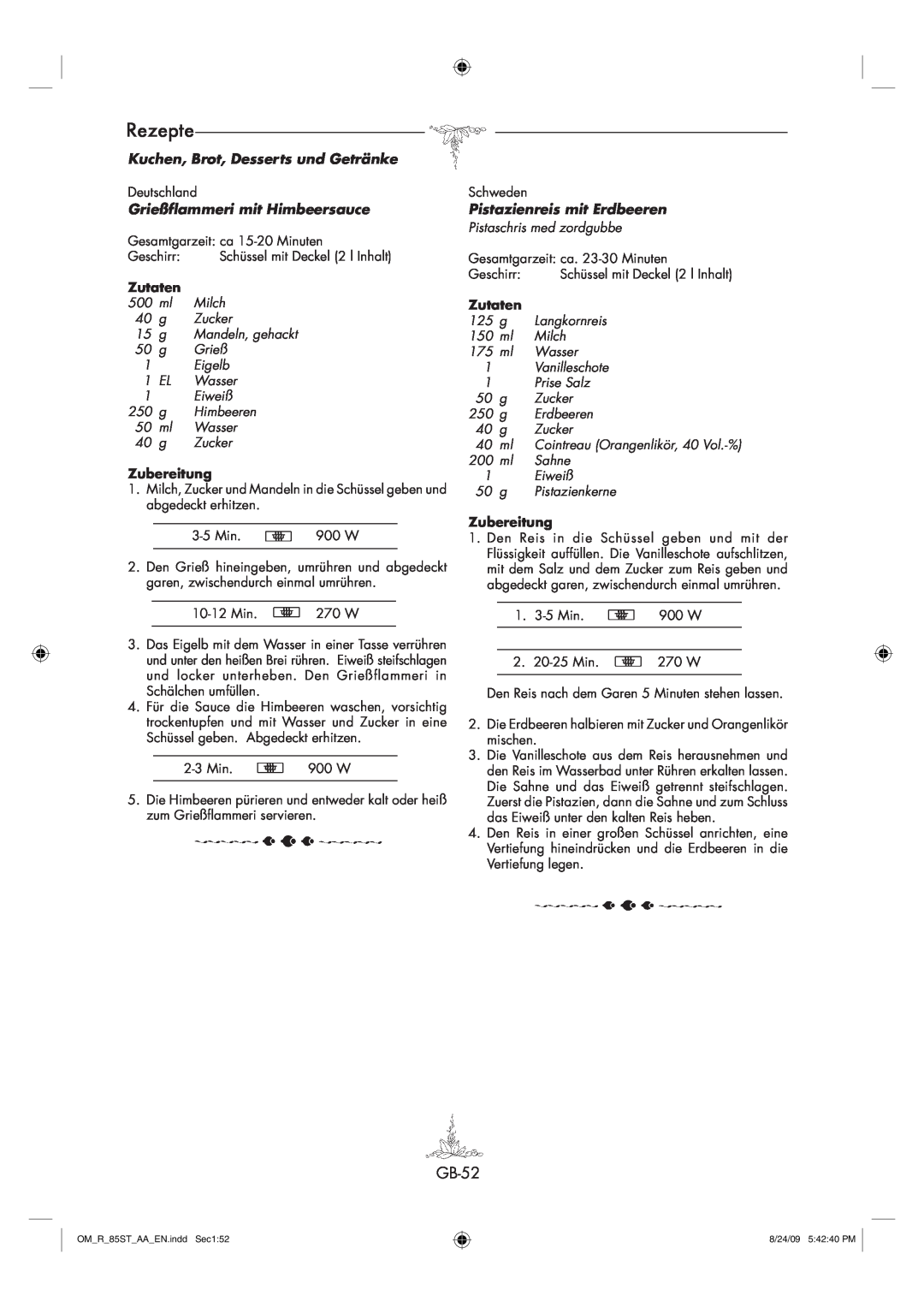 Sharp R-85ST-AA operation manual Rezepte, GB-52, Kuchen, Brot, Desserts und Getränke, Grießflammeri mit Himbeersauce 