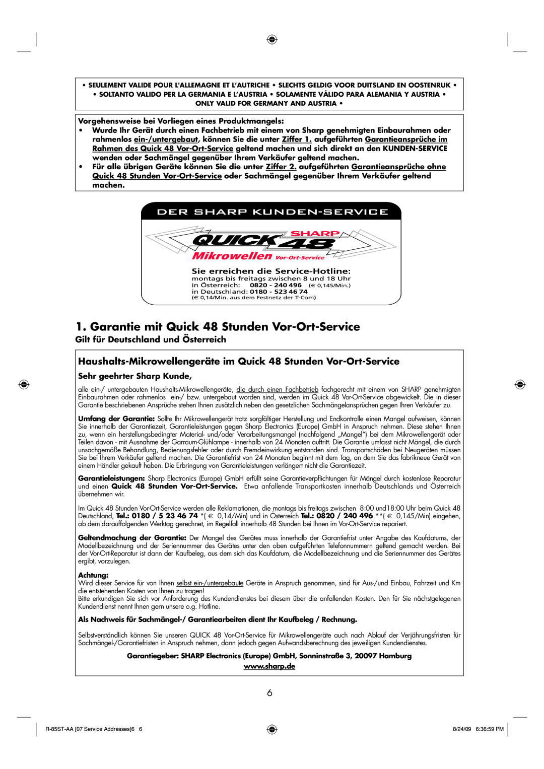 Sharp R-85ST-AA operation manual Garantie mit Quick 48 Stunden Vor-Ort-Service 