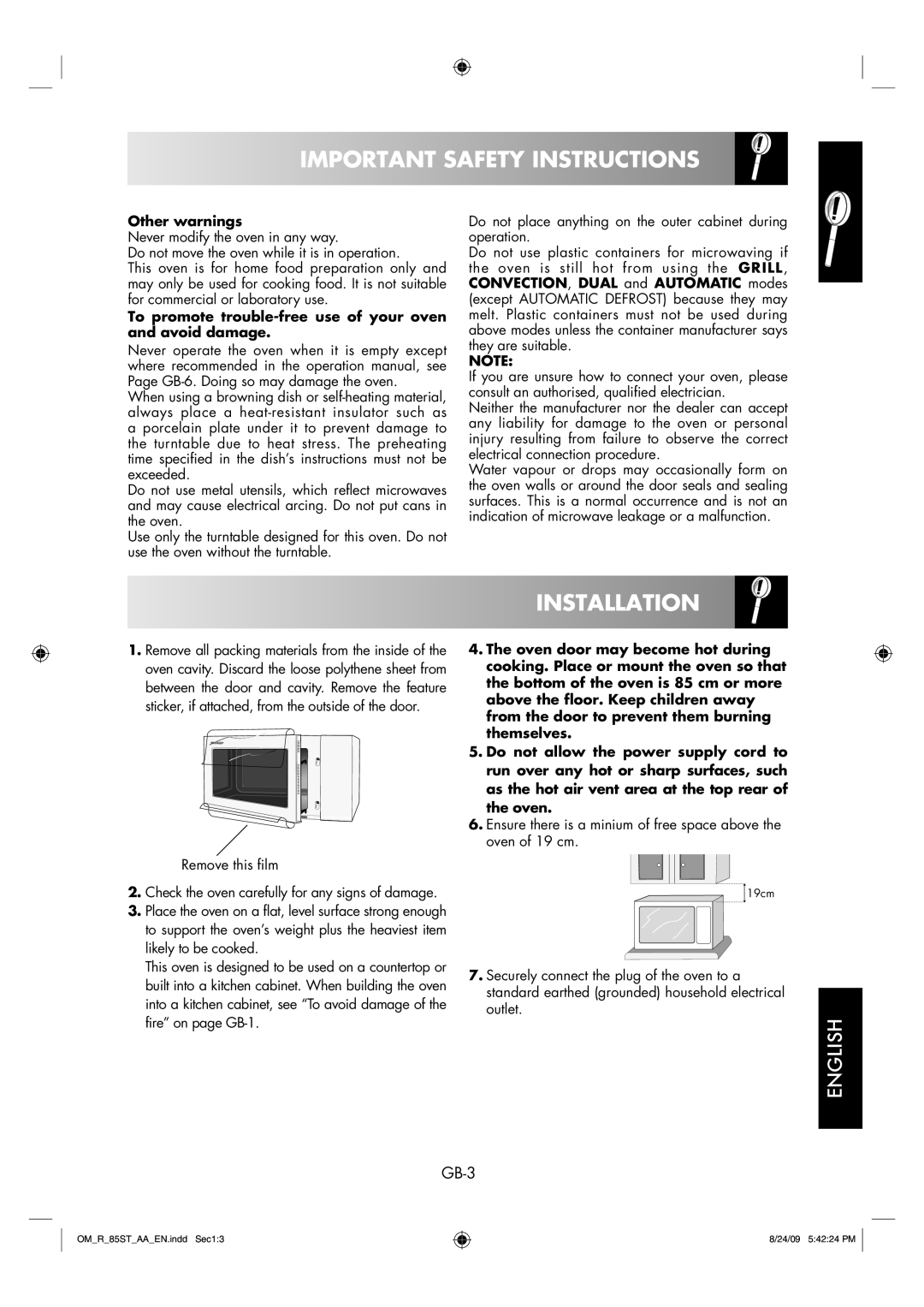 Sharp R-85ST-AA operation manual Installation, Important Safety Instructions, English, GB-3, Other warnings 