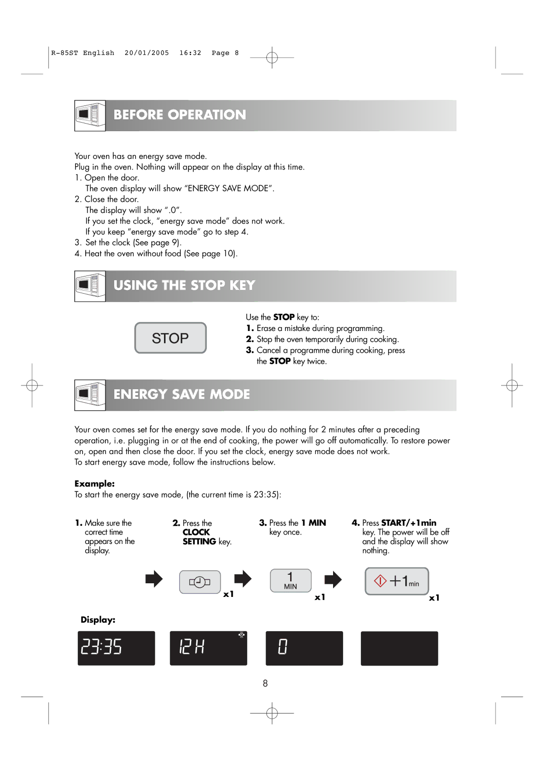 Sharp R-85ST operation manual Before Operation, Using the Stop KEY, Energy Save Mode, Clock 