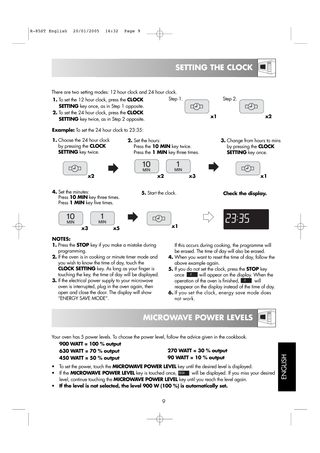 Sharp R-85ST operation manual Setting the Clock, Microwave Power Levels, By pressing the Clock Press the 10 MIN key twice 