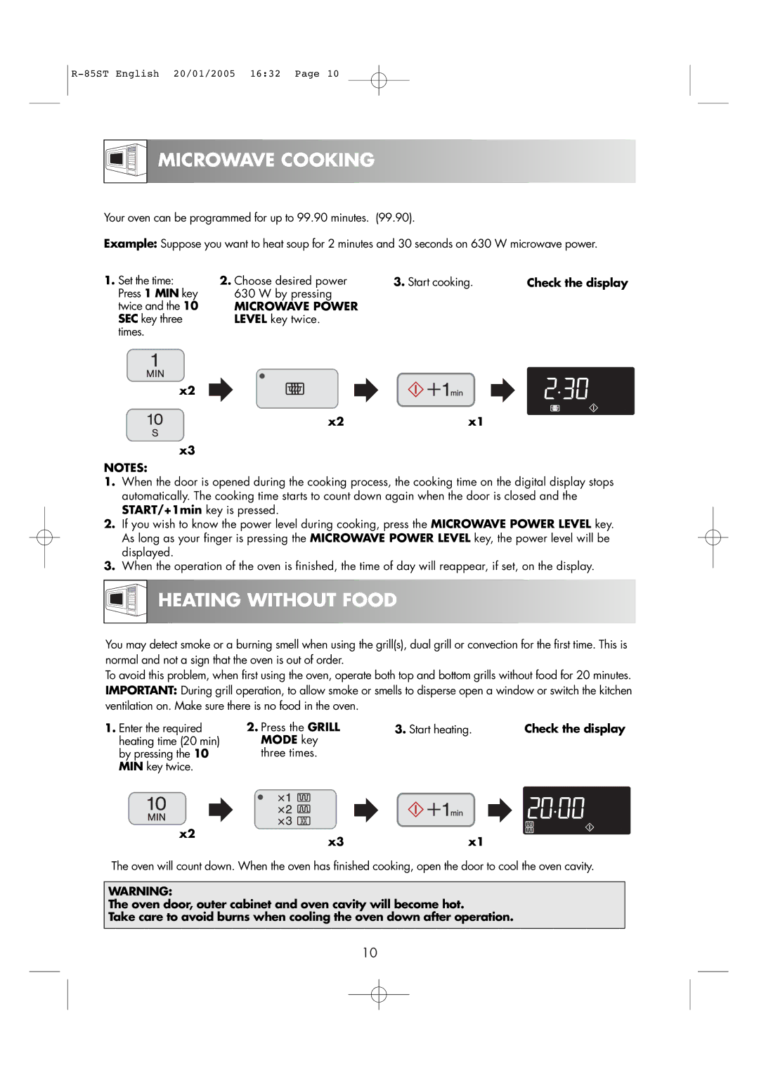 Sharp R-85ST operation manual Microwave Cooking, Heating Without Food, Microwave Power, SEC key three Level key twice Times 