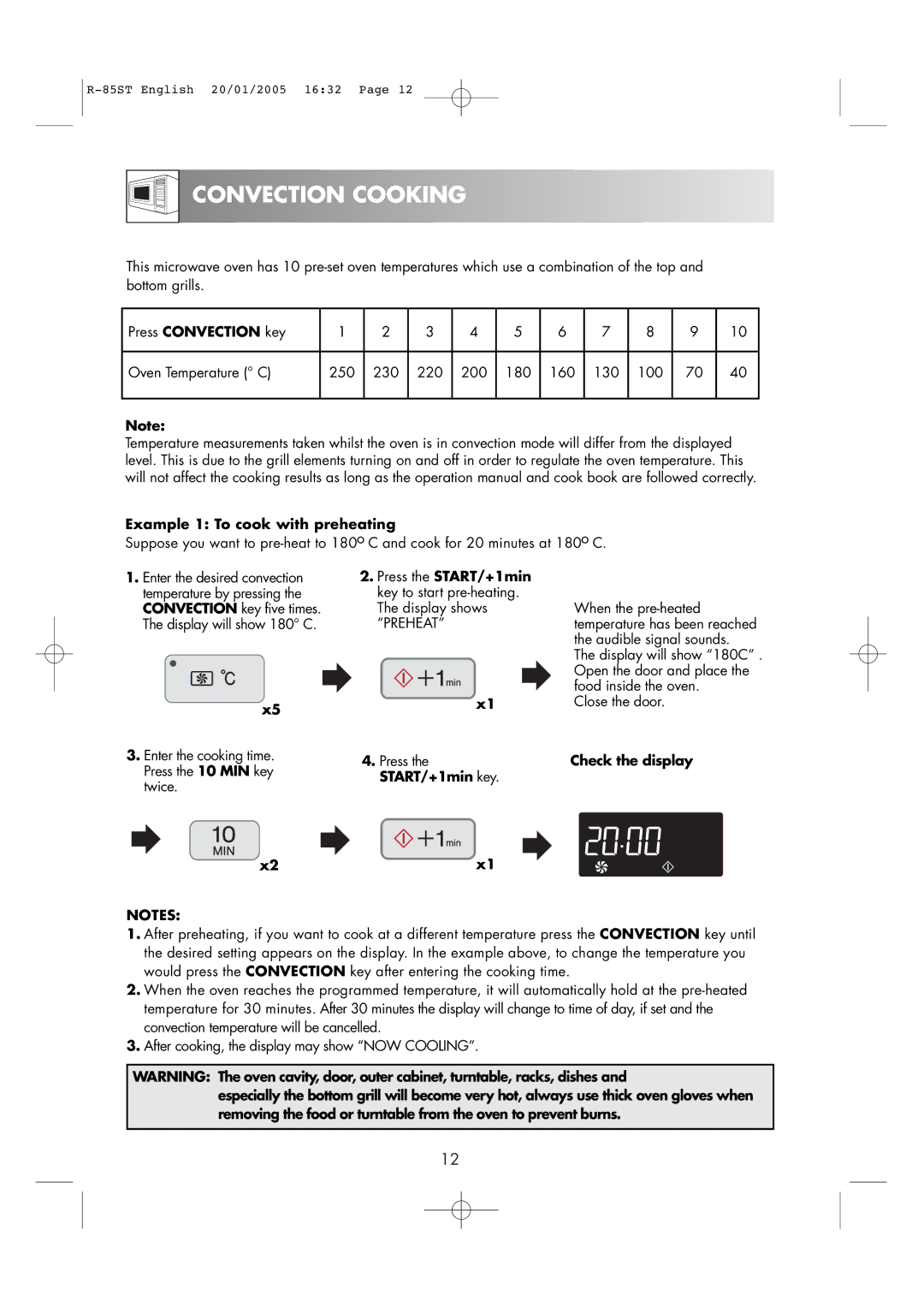 Sharp R-85ST operation manual Convection Cooking, Press Convection key, Example 1 To cook with preheating 