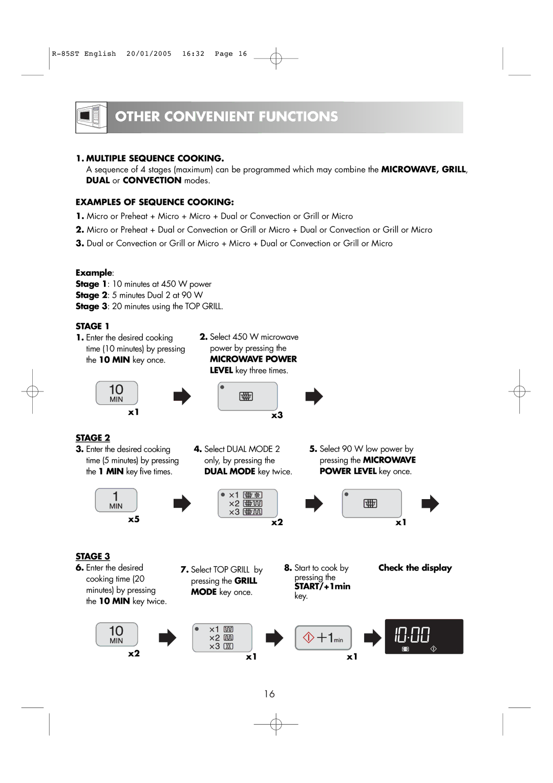 Sharp R-85ST operation manual Other Convenient Functions, Multiple Sequence Cooking, Examples of Sequence Cooking, Stage 