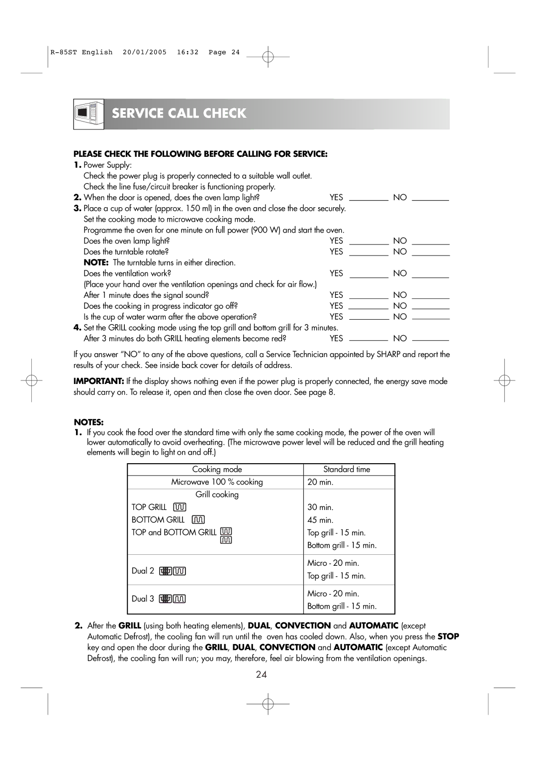 Sharp R-85ST operation manual Service Call Check, Please Check the Following Before Calling for Service 