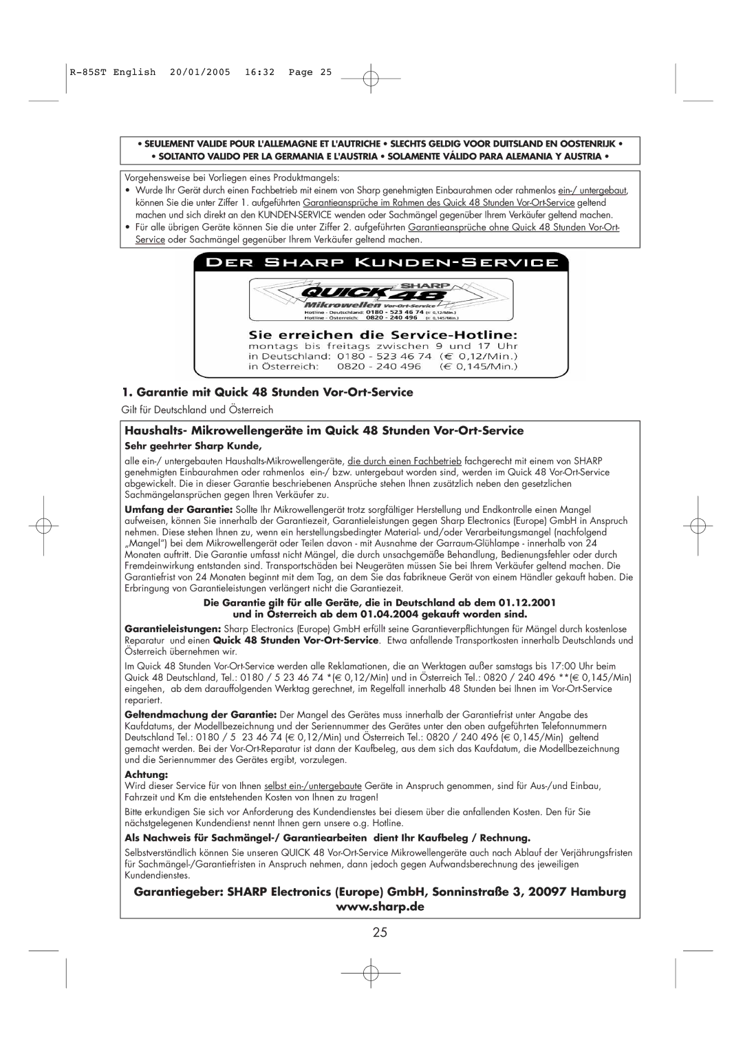 Sharp R-85ST operation manual Garantie mit Quick 48 Stunden Vor-Ort-Service 