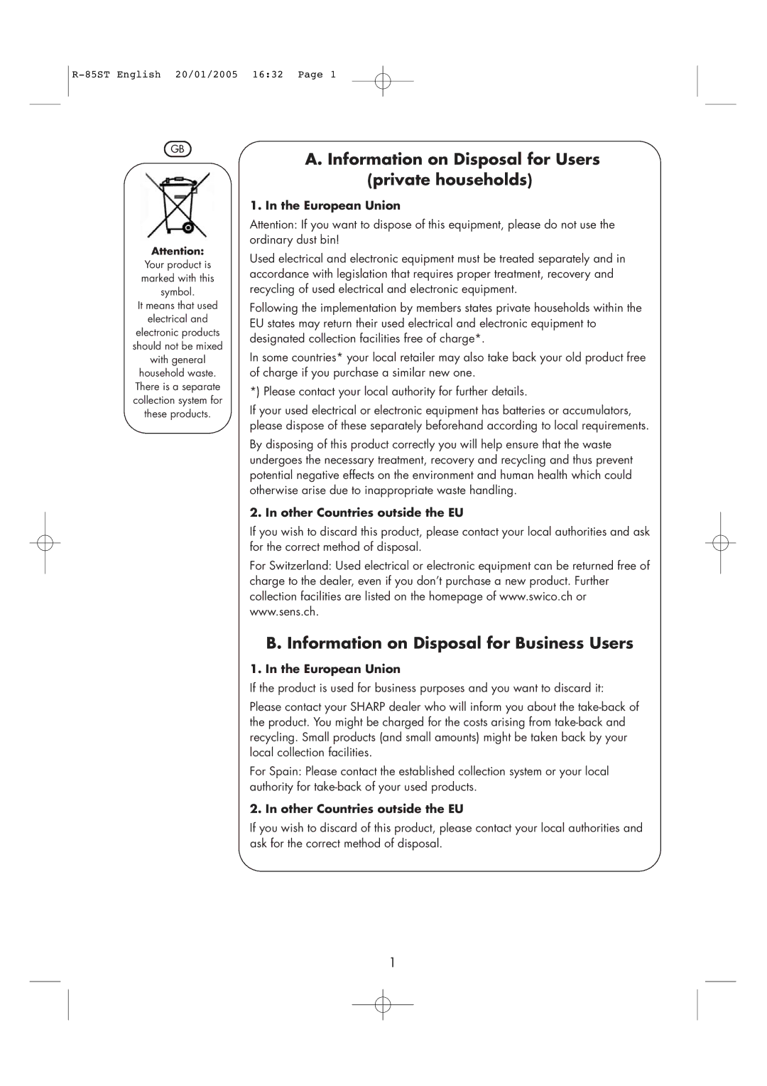 Sharp R-85ST operation manual Information on Disposal for Users private households 