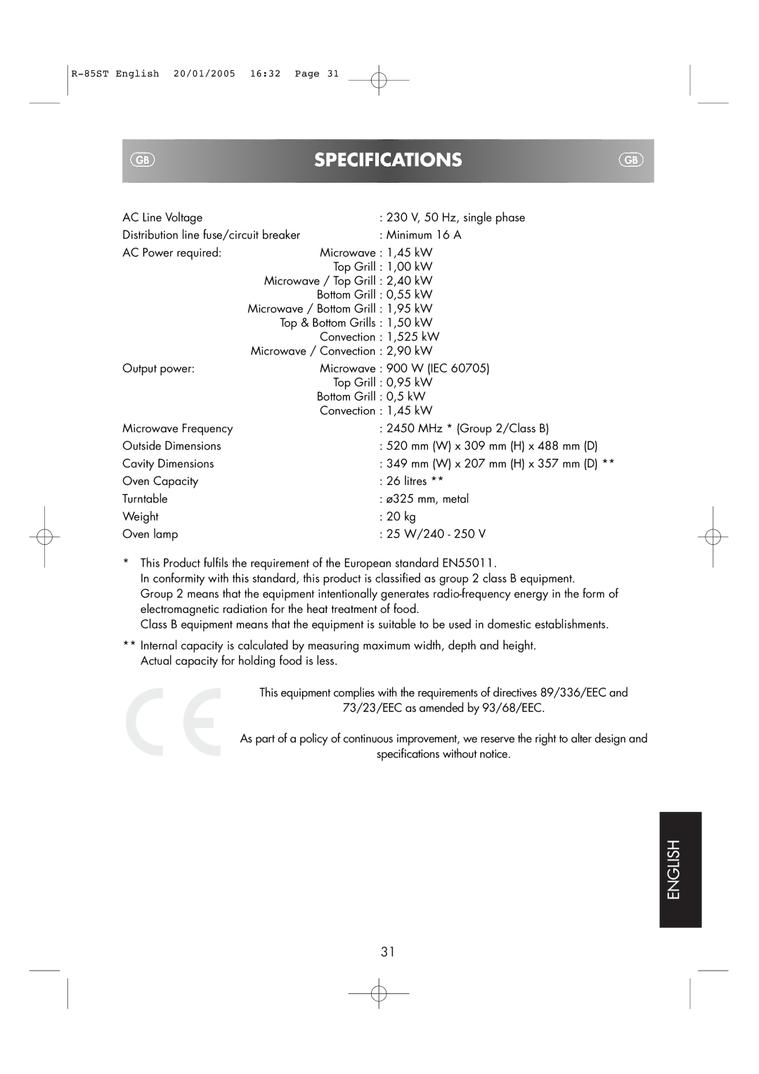 Sharp R-85ST operation manual Gbspecifications 