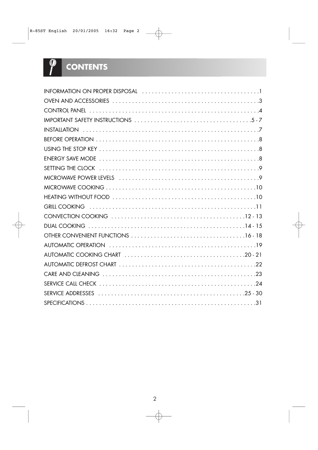 Sharp R-85ST operation manual Contents 