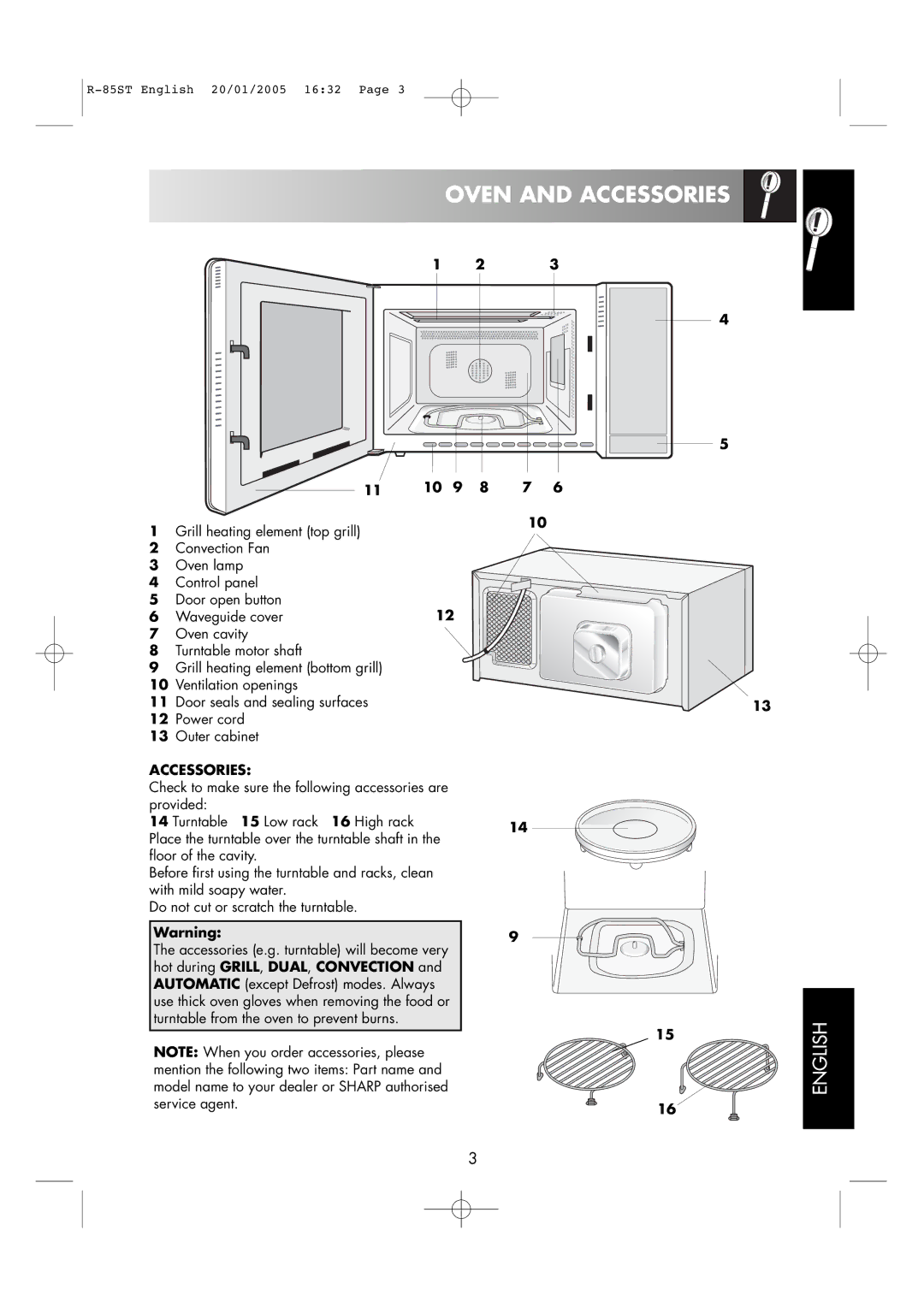 Sharp R-85ST operation manual Oven and Accessories, Hot during GRILL, DUAL, Convection 