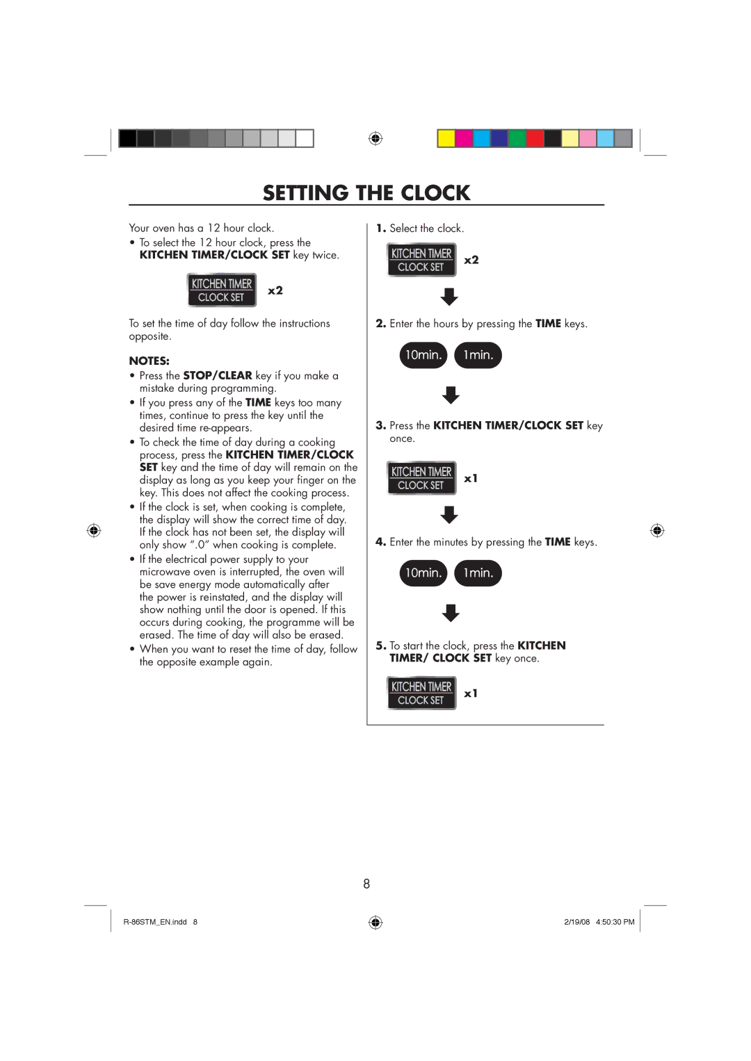 Sharp R-86STM manual Setting the Clock, Press the Kitchen TIMER/CLOCK SET key once 