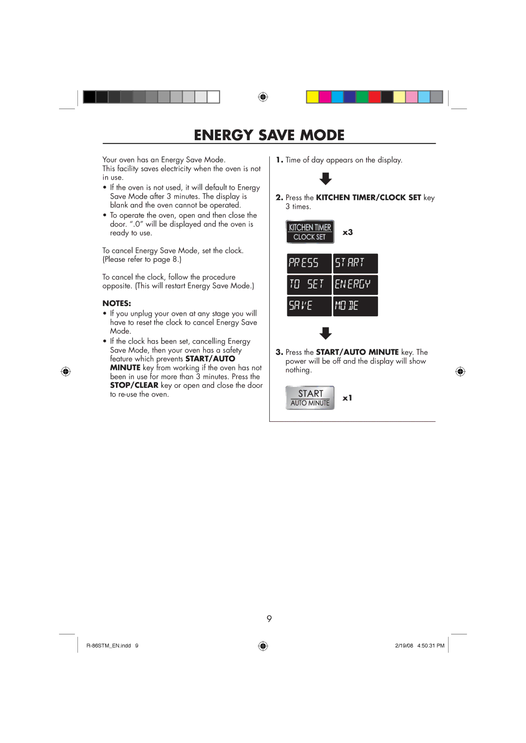 Sharp R-86STM manual Energy Save Mode, Press the Kitchen TIMER/CLOCK SET key 3 times 