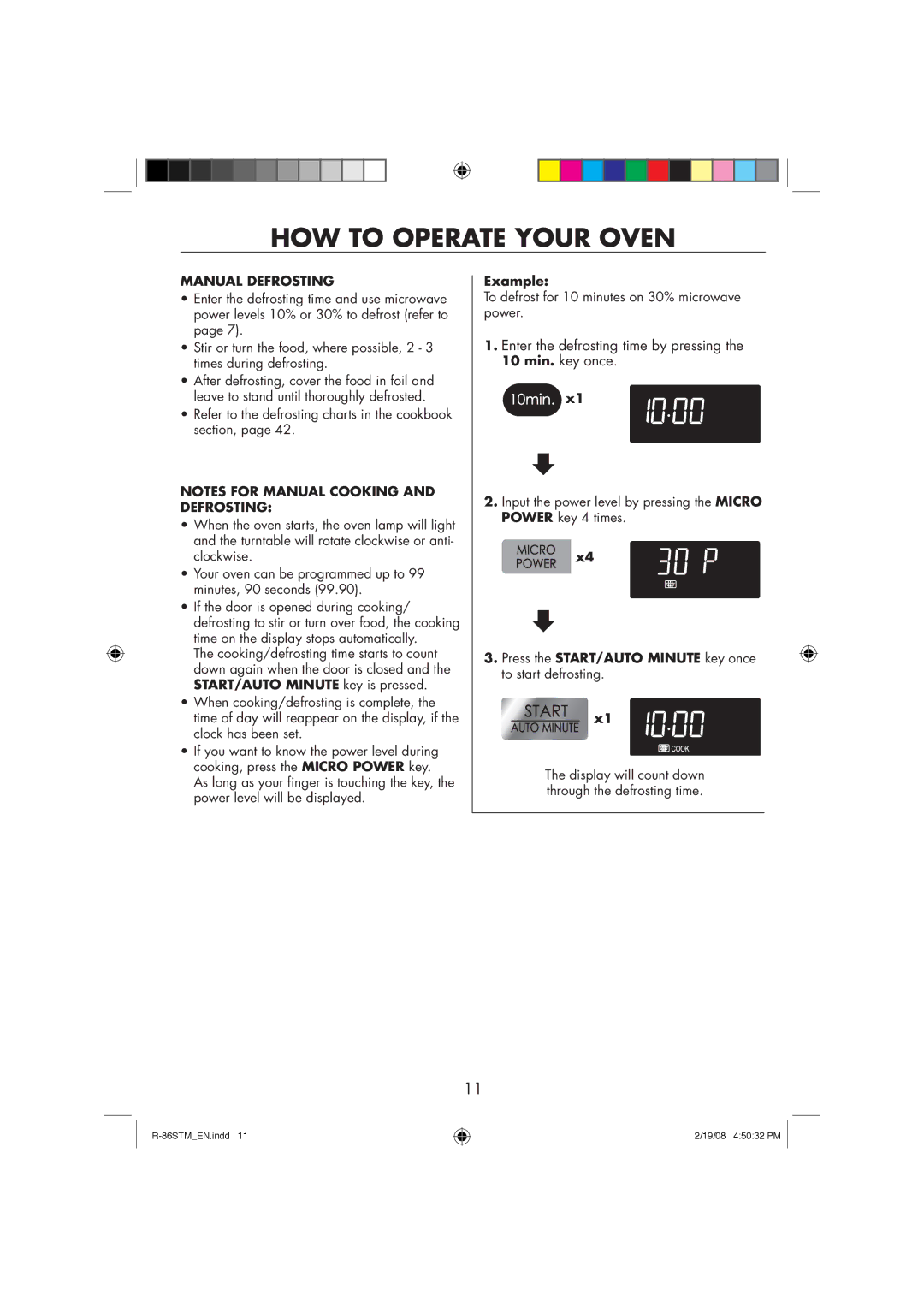 Sharp R-86STM manual Enter the defrosting time by pressing the 10 min. key once, Manual Defrosting 