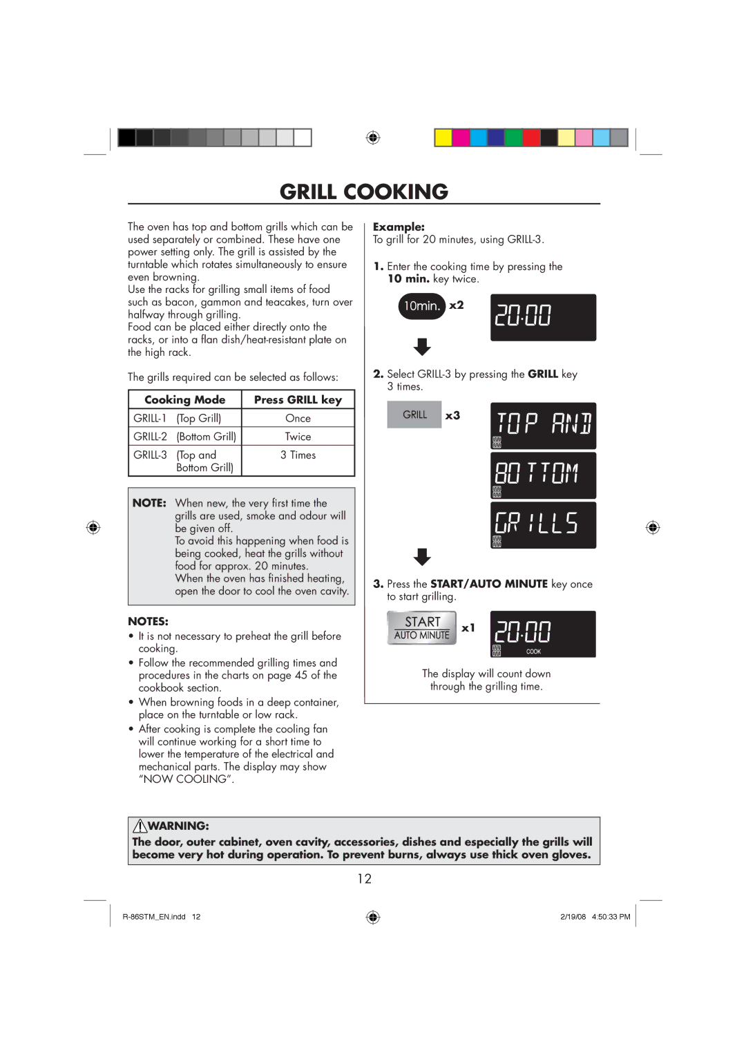 Sharp R-86STM manual Grill Cooking, Cooking Mode Press Grill key 