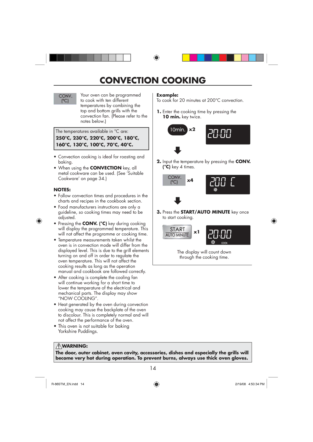 Sharp R-86STM manual Convection Cooking, 250C, 230C, 220C, 200C, 180C, 160C, 130C, 100C, 70C, 40C 