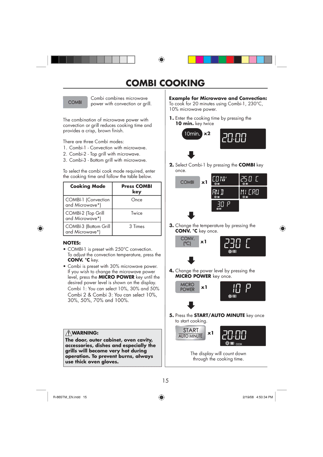 Sharp R-86STM manual Combi Cooking, Cooking Mode Press Combi Key 