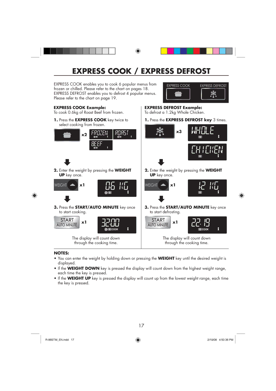 Sharp R-86STM manual Express Cook / Express Defrost, Express Cook Example, Express Defrost Example 