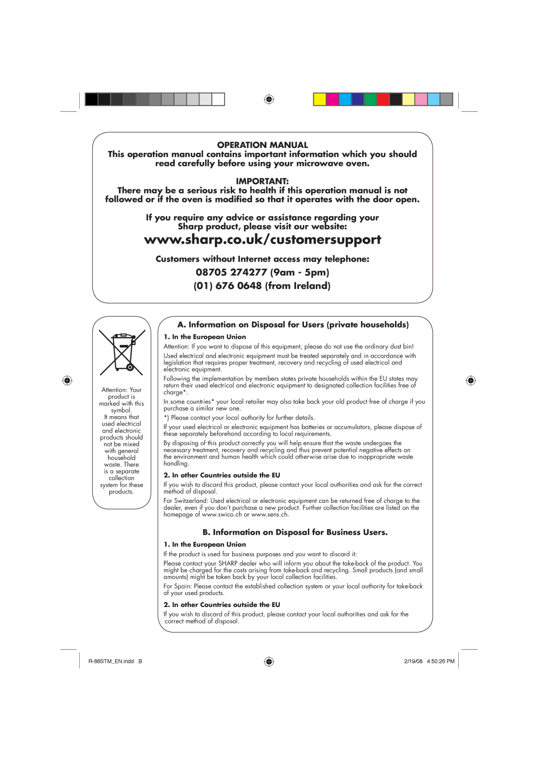 Sharp R-86STM manual Information on Disposal for Users private households, Information on Disposal for Business Users 