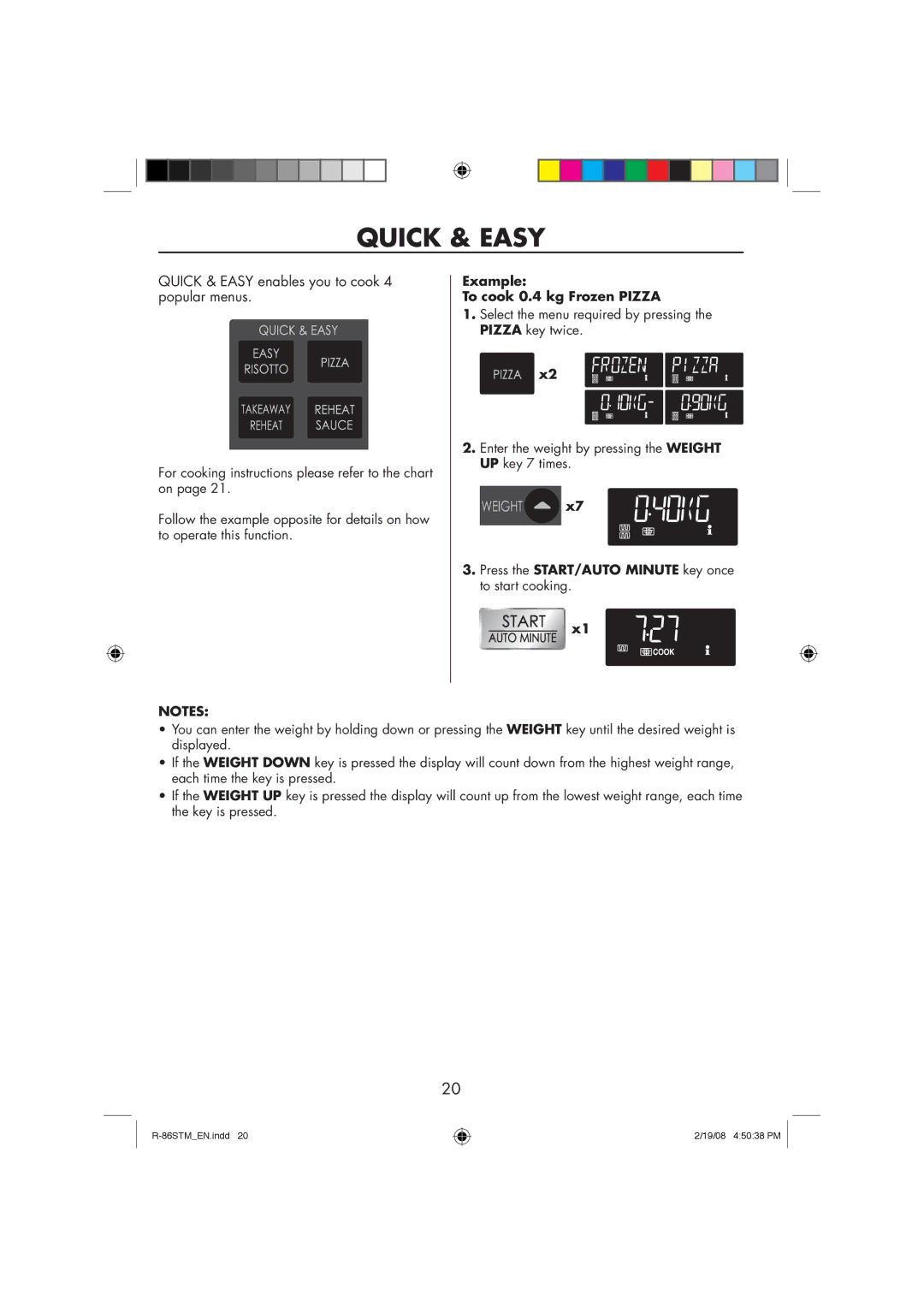 Sharp R-86STM manual Quick & Easy, Example To cook 0.4 kg Frozen Pizza 