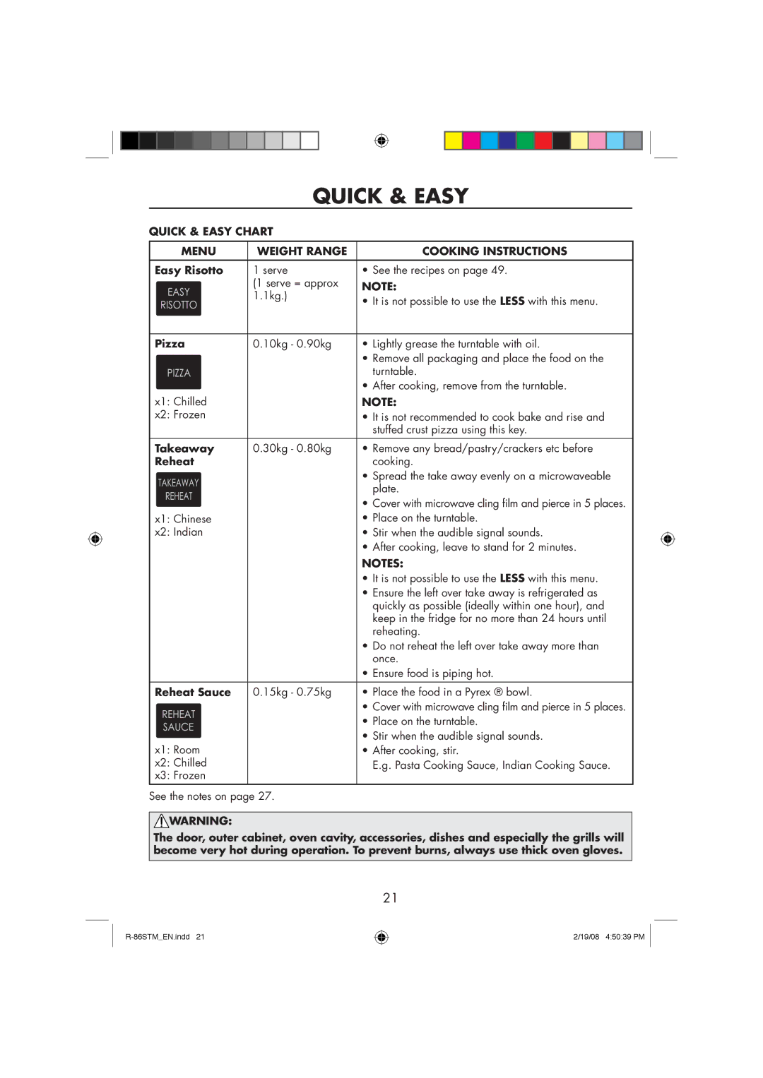 Sharp R-86STM manual Quick & Easy Chart Menu Weight Range Cooking Instructions 