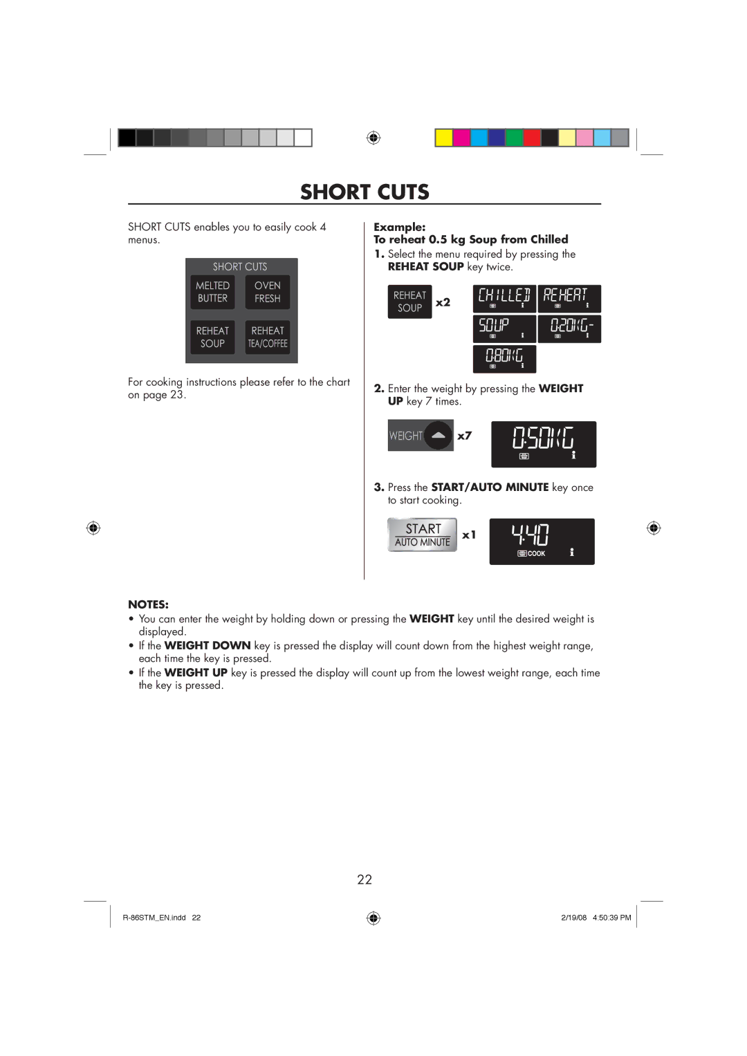 Sharp R-86STM manual Short Cuts, Example To reheat 0.5 kg Soup from Chilled 