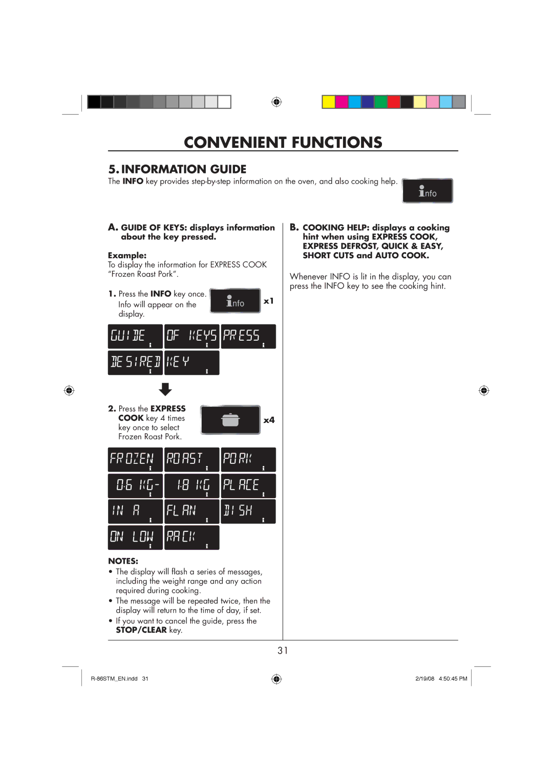 Sharp R-86STM manual Information Guide, Press the Express Cook key 4 times Key once to select 