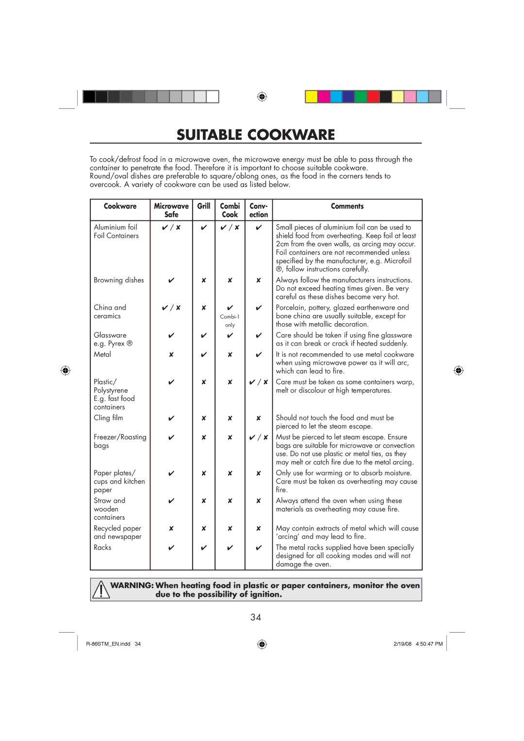 Sharp R-86STM manual Suitable Cookware, Grill Combi Conv Comments, Ection 