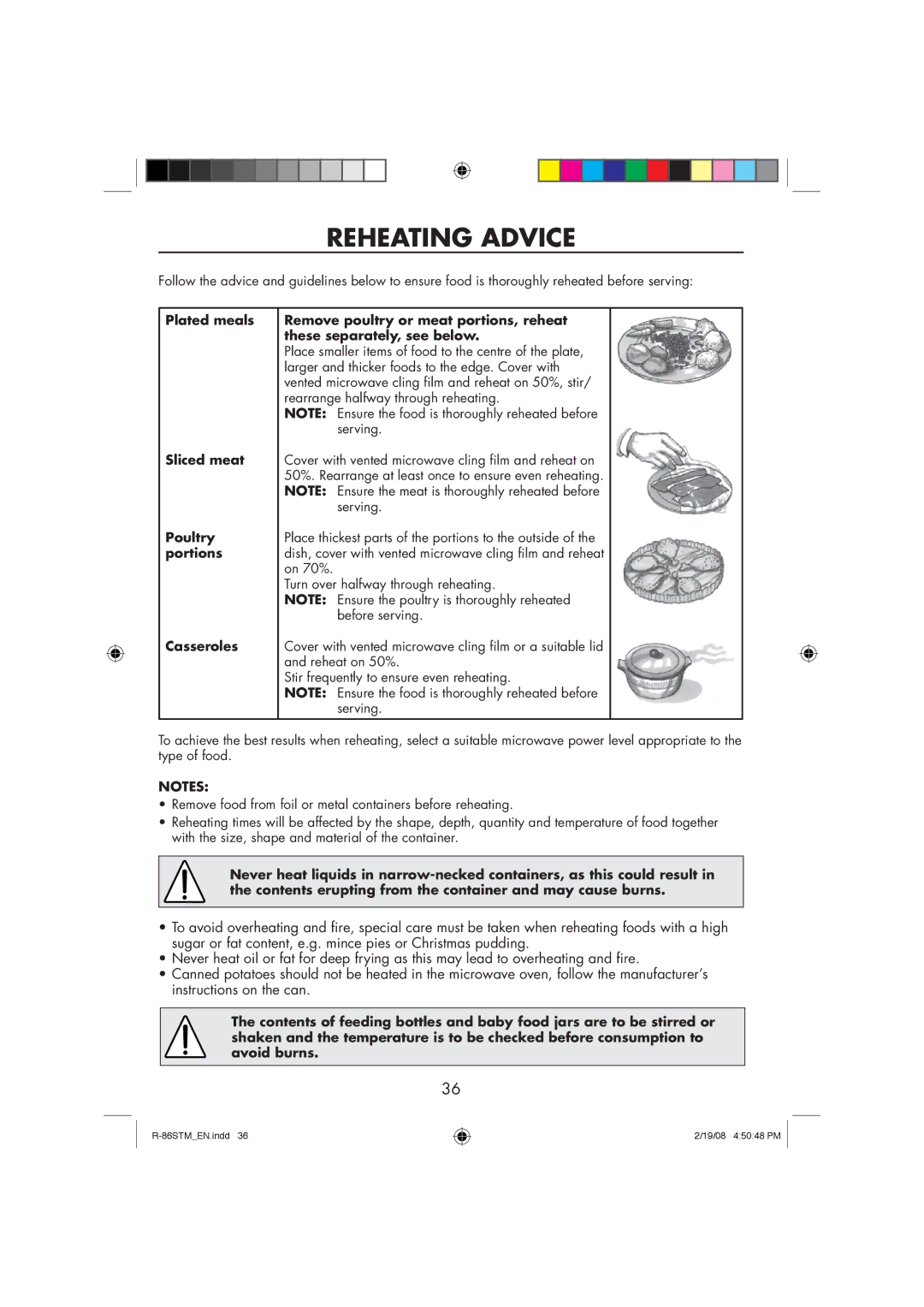 Sharp R-86STM manual Reheating Advice, Sliced meat, Poultry, Portions, Casseroles 