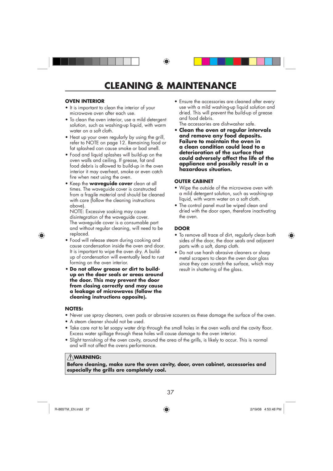 Sharp R-86STM manual Cleaning & Maintenance, Oven Interior, Outer Cabinet, Door 