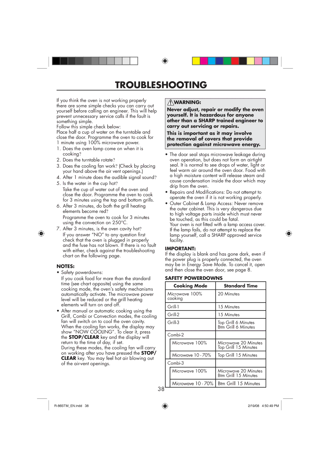 Sharp R-86STM manual Troubleshooting, Safety Powerdowns, Cooking Mode Standard Time 