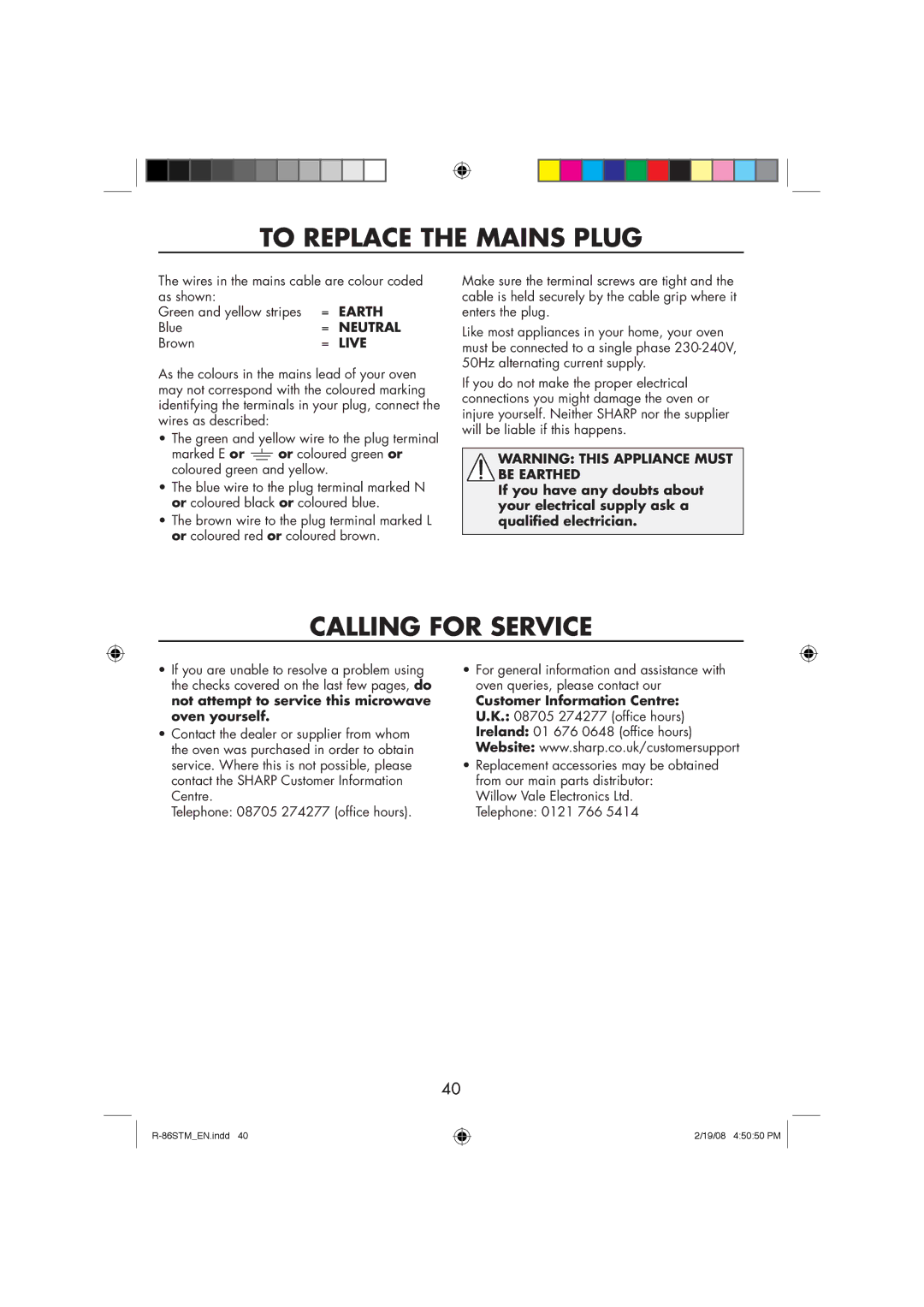 Sharp R-86STM manual To Replace the Mains Plug, Calling for Service 