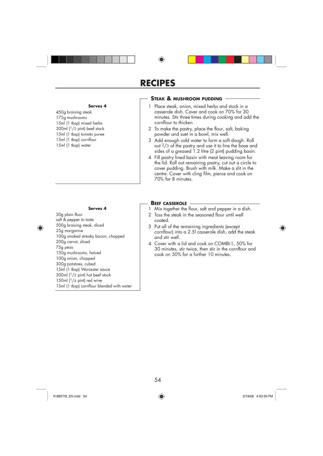 Sharp R-86STM manual Steak & Mushroom Pudding 