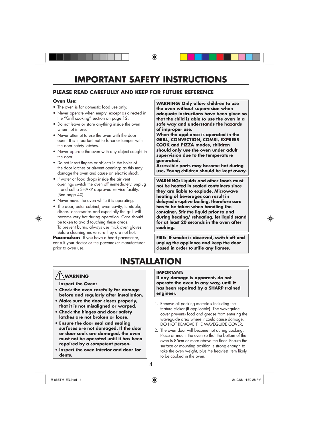 Sharp R-86STM manual Important Safety Instructions, Installation, Oven Use 