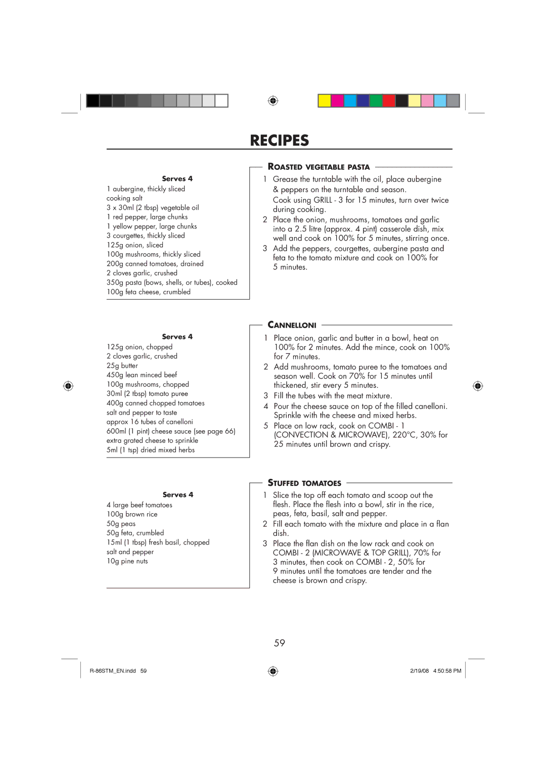 Sharp R-86STM manual Roasted Vegetable Pasta 