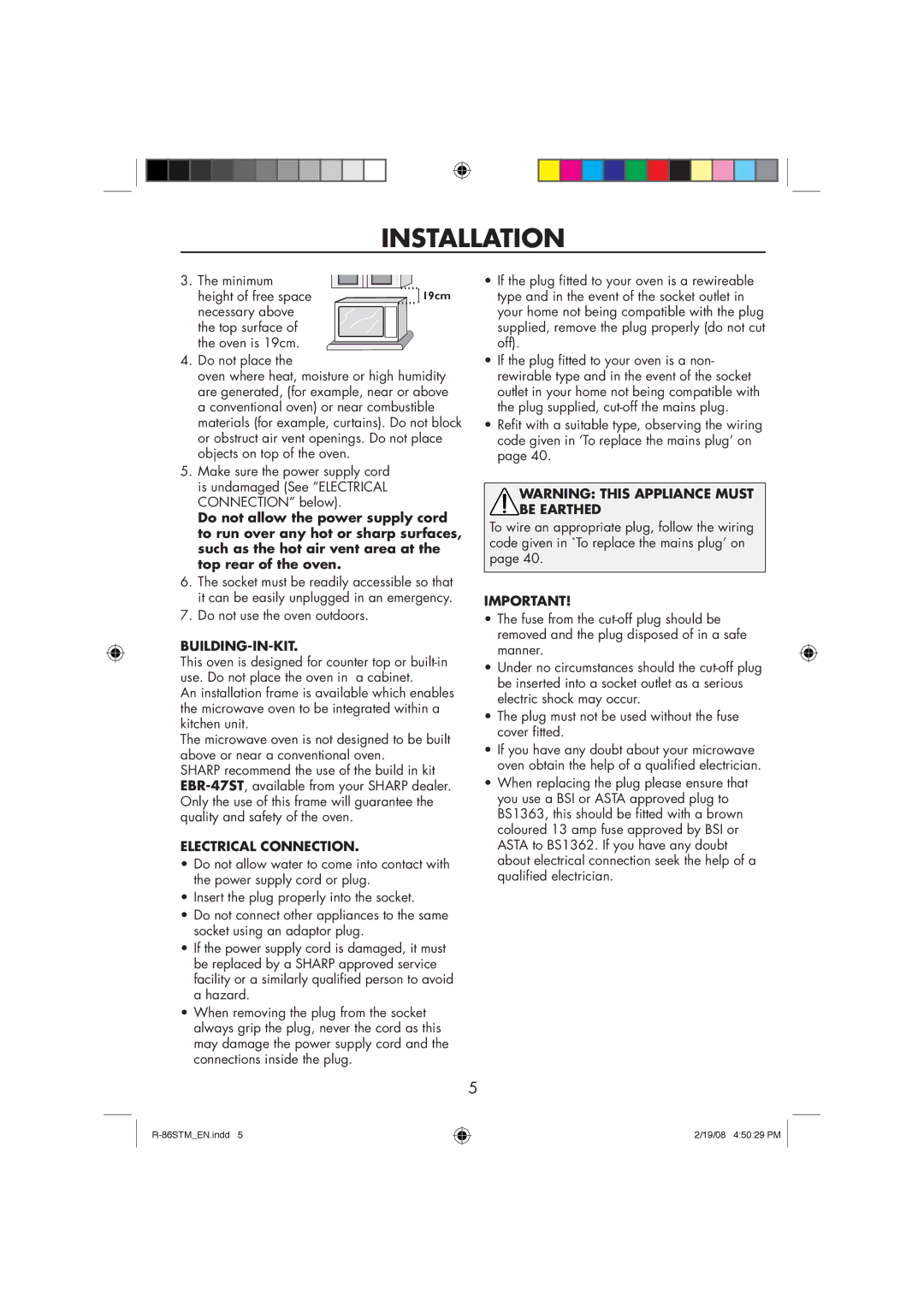 Sharp R-86STM manual Building-In-Kit, Electrical Connection 