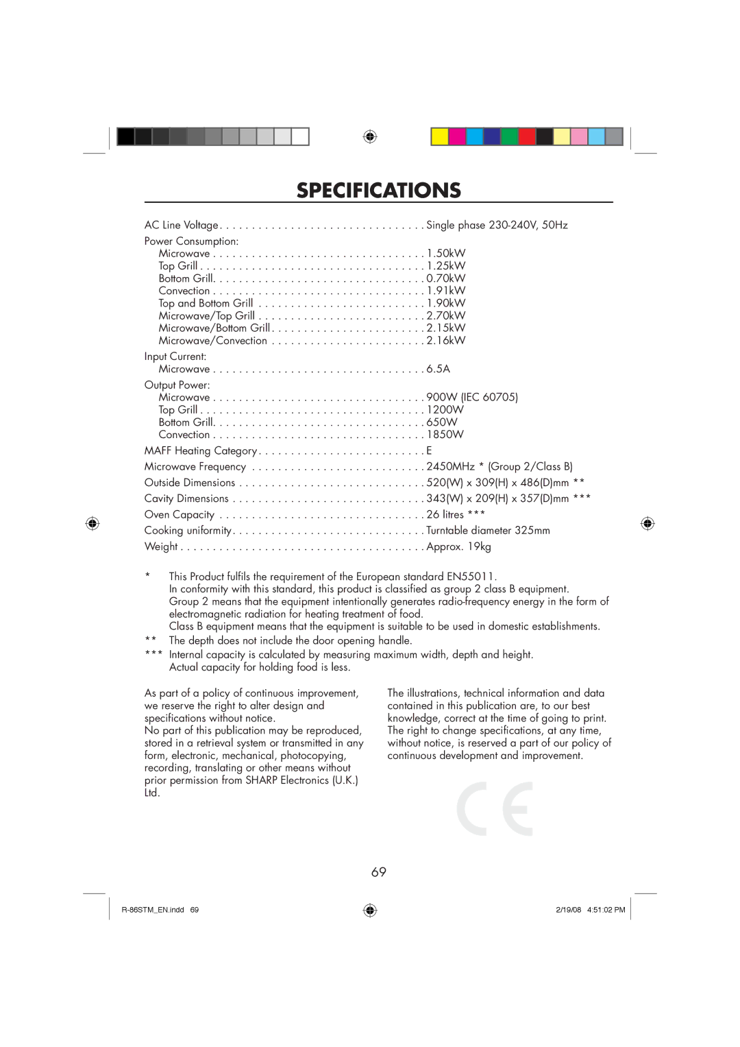 Sharp R-86STM manual Specifications 