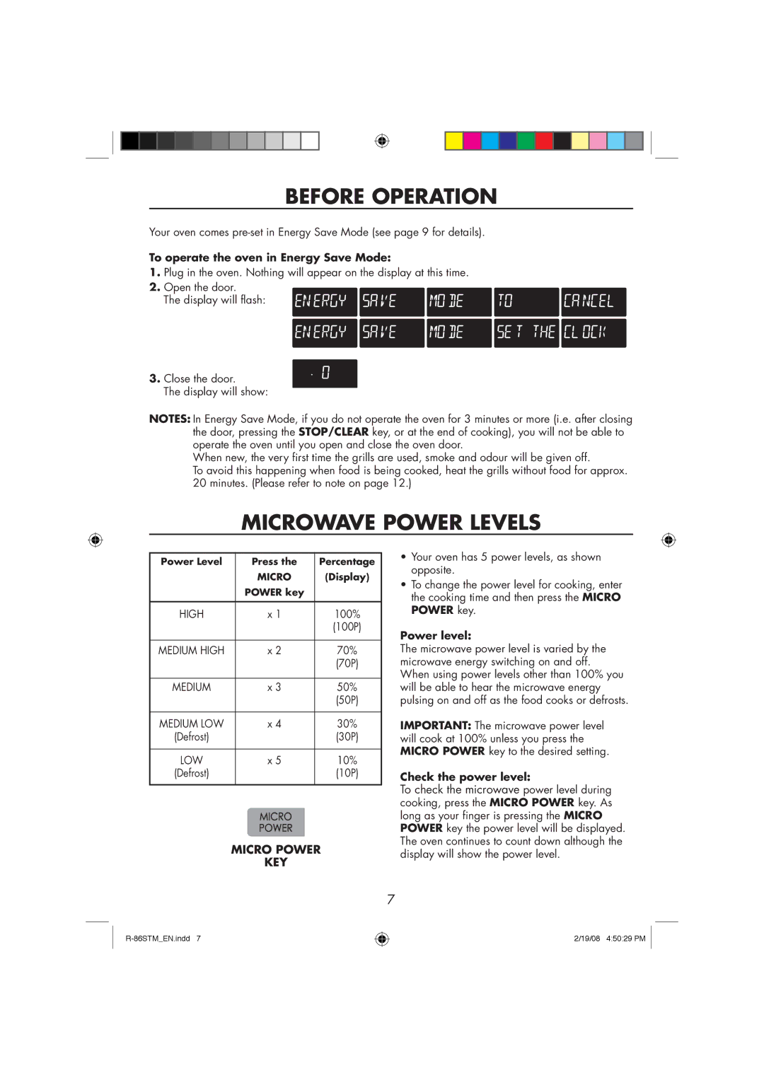 Sharp R-86STM manual Before Operation, Microwave Power Levels, To operate the oven in Energy Save Mode, Power level 