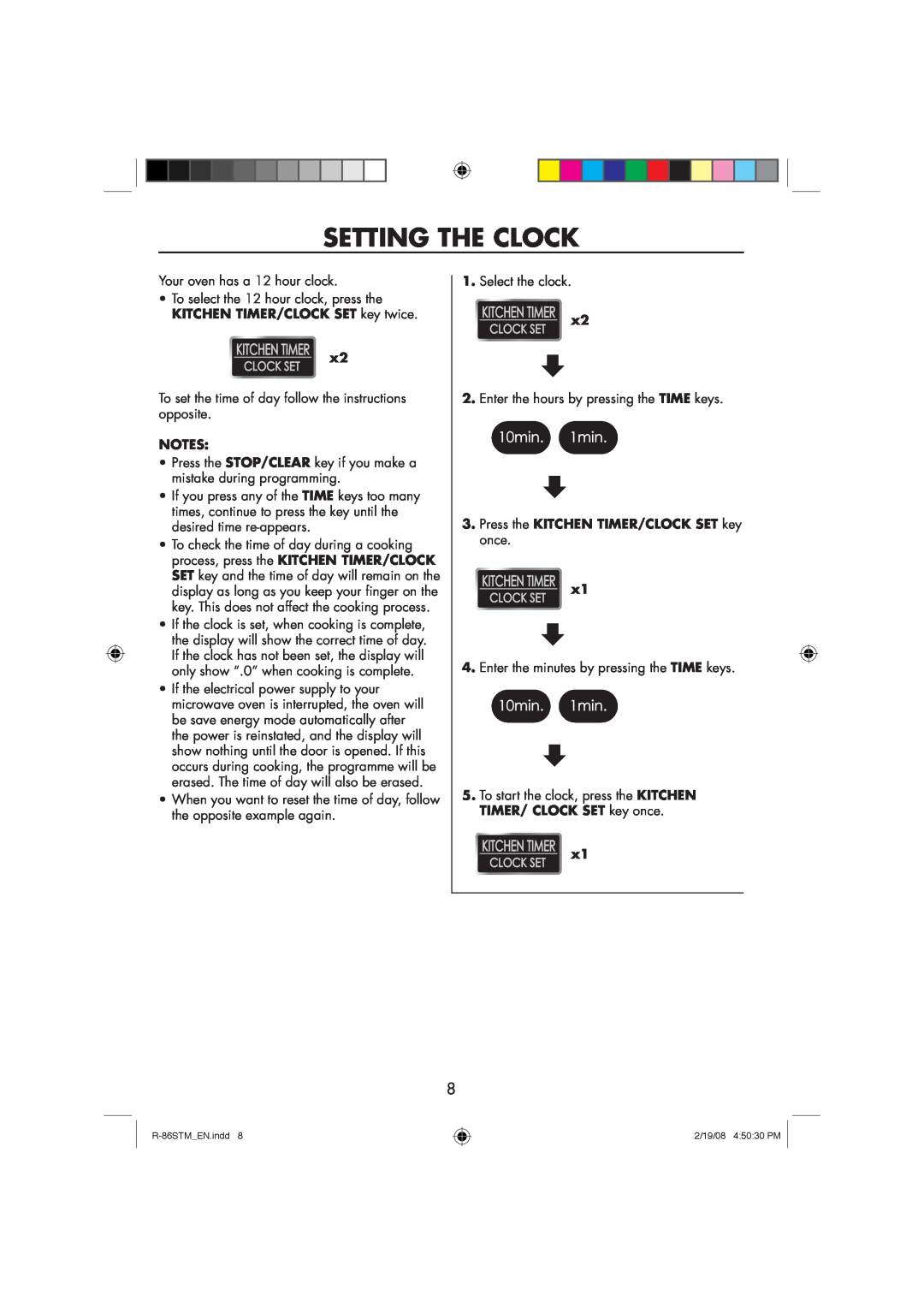 Sharp R-86STM manual Setting The Clock, Press the KITCHEN TIMER/CLOCK SET key once 
