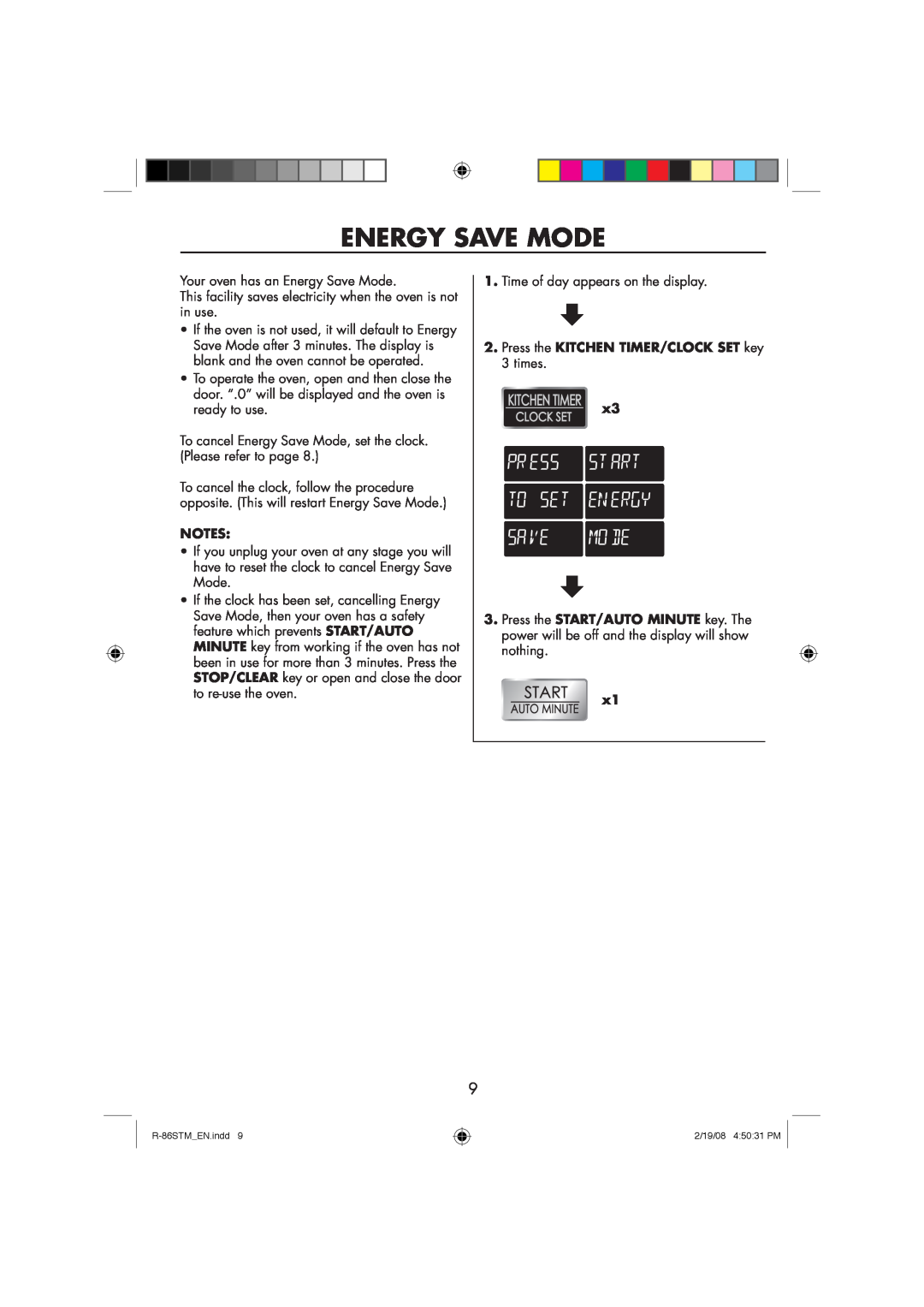 Sharp R-86STM manual Energy Save Mode, Press the KITCHEN TIMER/CLOCK SET key 3 times 