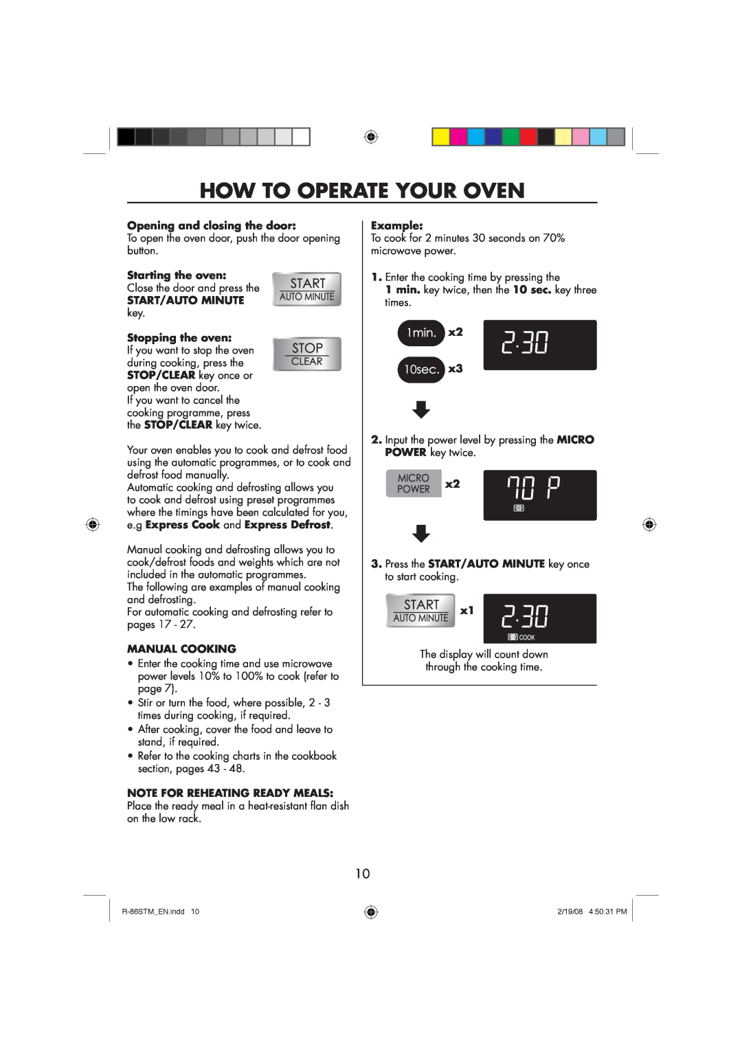 Sharp R-86STM manual How To Operate Your Oven, Opening and closing the door, Starting the oven, Manual Cooking, Example, x2 