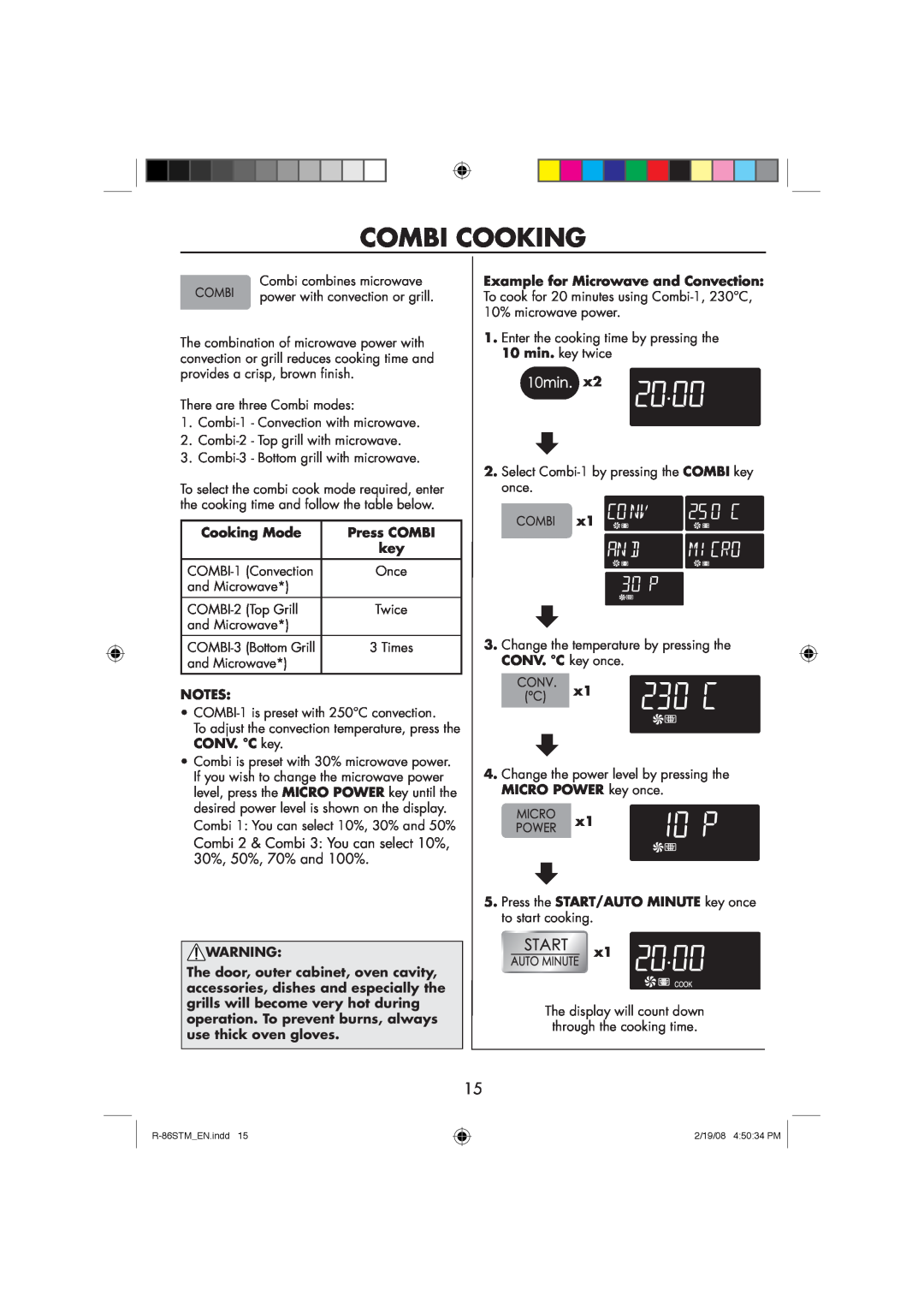 Sharp R-86STM manual Combi Cooking, Combi 2 & Combi 3 You can select 10%, 30%, 50%, 70% and 100%, Cooking Mode, Press COMBI 