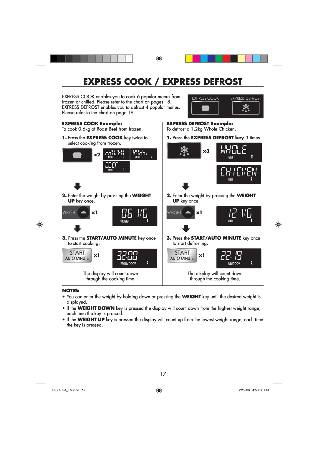 Sharp R-86STM manual Express Cook / Express Defrost, EXPRESS COOK Example, EXPRESS DEFROST Example 