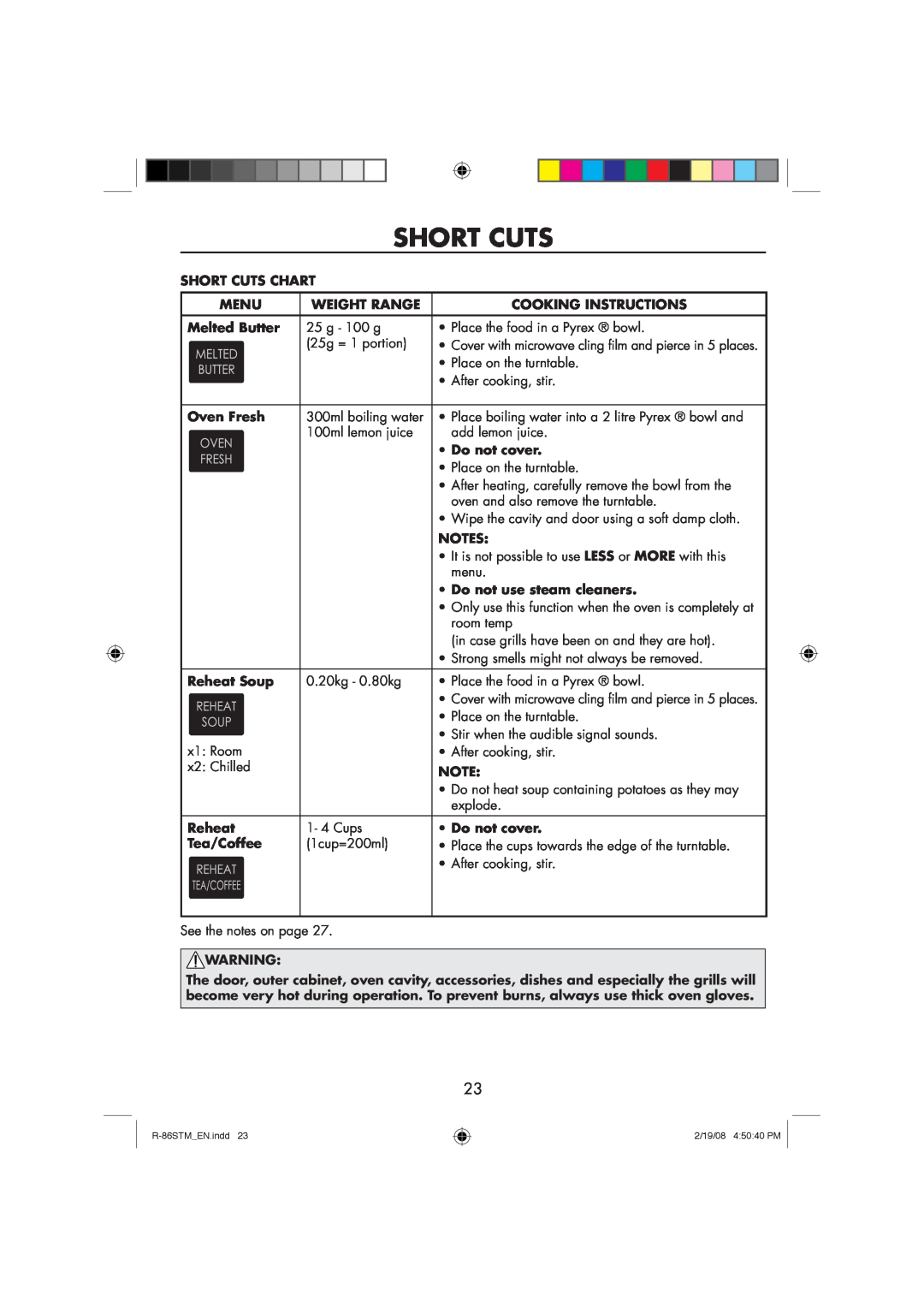 Sharp R-86STM Short Cuts Chart, Menu, Weight Range, Cooking Instructions, Melted Butter, Oven Fresh, Do not cover 