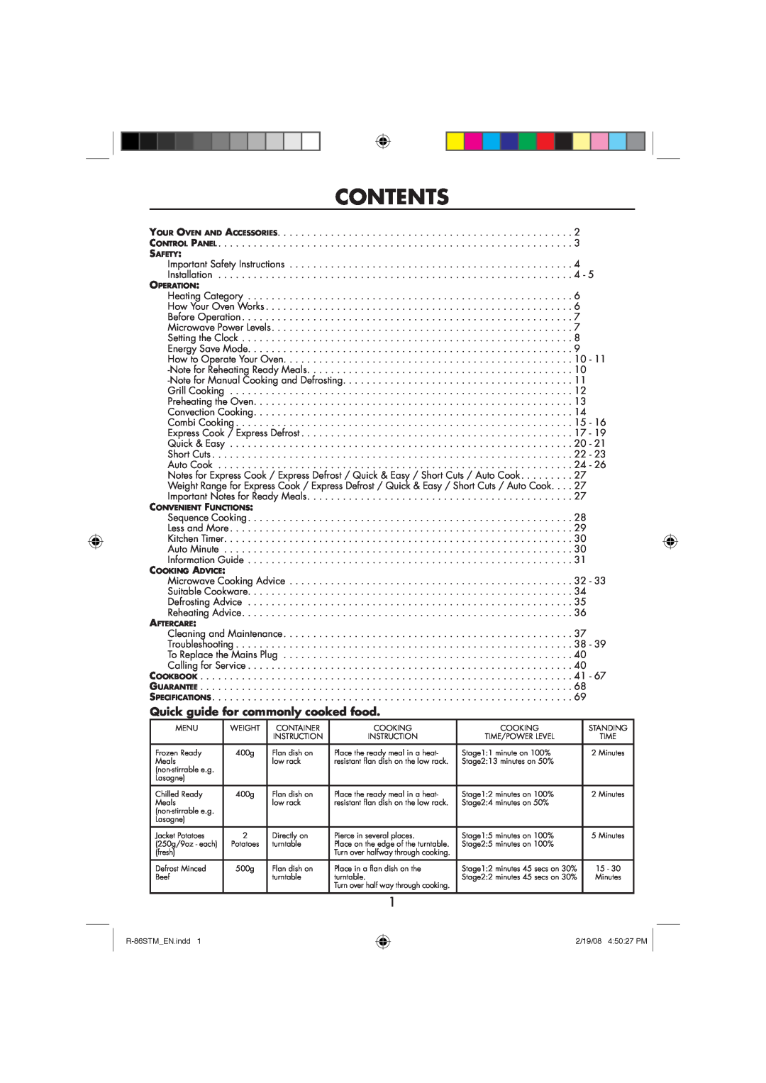 Sharp R-86STM manual Contents, Quick guide for commonly cooked food 