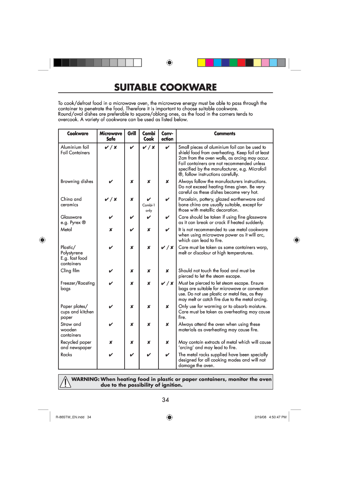 Sharp R-86STM manual Suitable Cookware, Grill, Combi, Conv, Comments, ection 