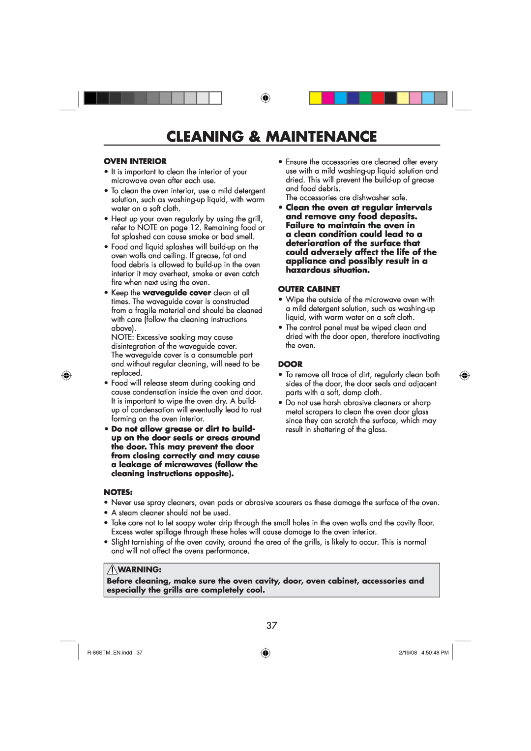 Sharp R-86STM manual Cleaning & Maintenance, Oven Interior, Outer Cabinet, Door 