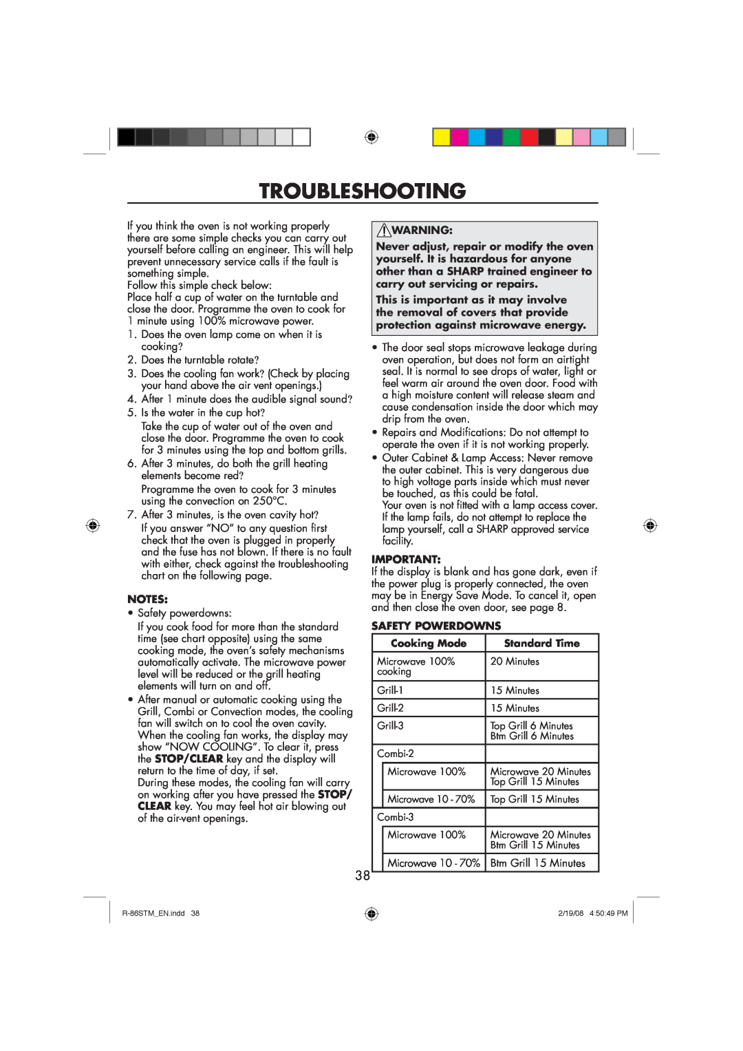 Sharp R-86STM manual Troubleshooting, Safety Powerdowns, Cooking Mode, Standard Time 