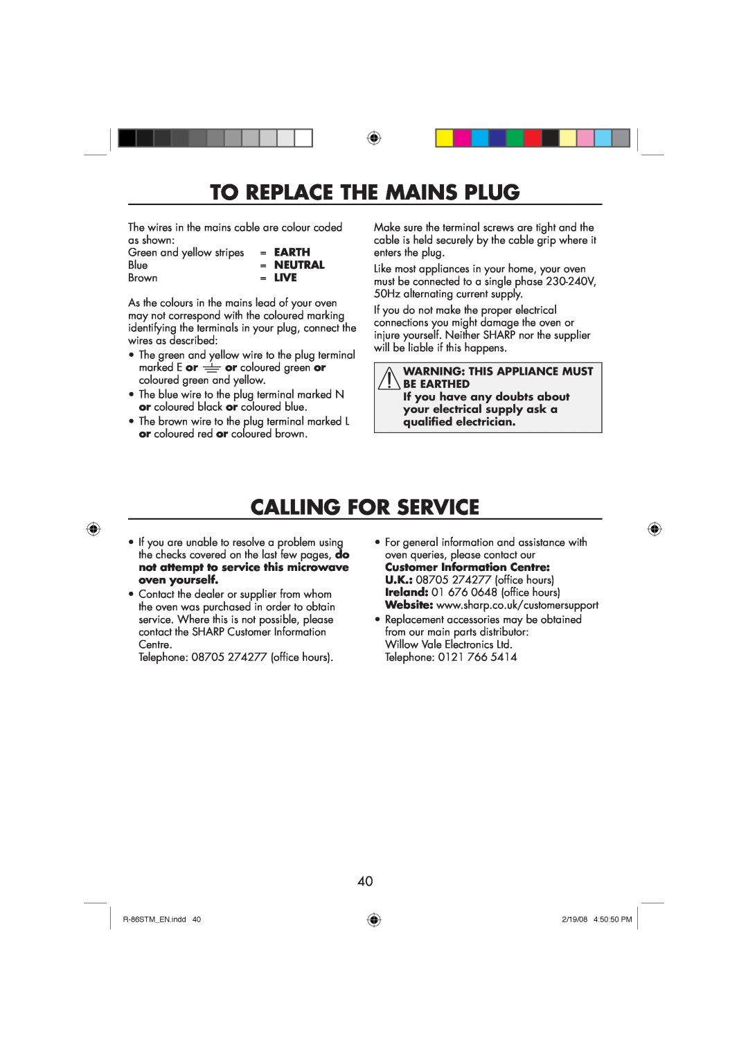 Sharp R-86STM manual To Replace The Mains Plug, Calling For Service, Warning This Appliance Must Be Earthed 